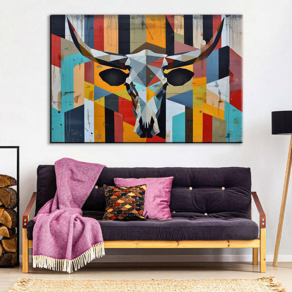 Retro Cow Skull Art - Large Canvas Wall Decor | Mid Century Modern Southwest Style