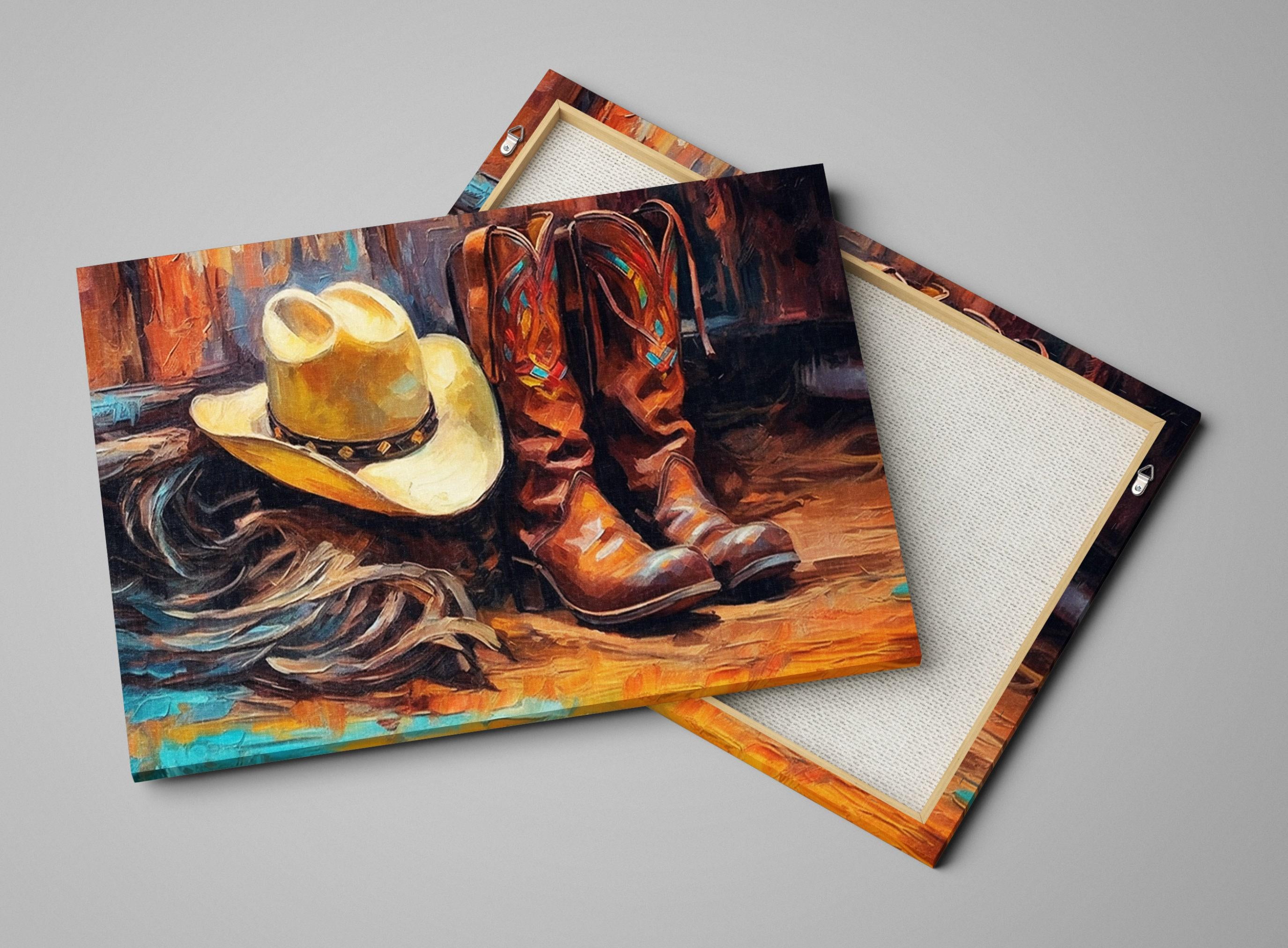 Texas Cowboy Wall Art – Large Cowboy Boots Canvas Print | Rustic Western Artwork