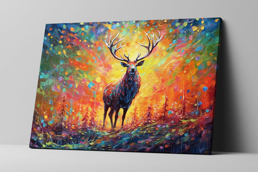 Colorful Reindeer Painting - Large Christmas Canvas Art | Rustic Holiday Wall Decor