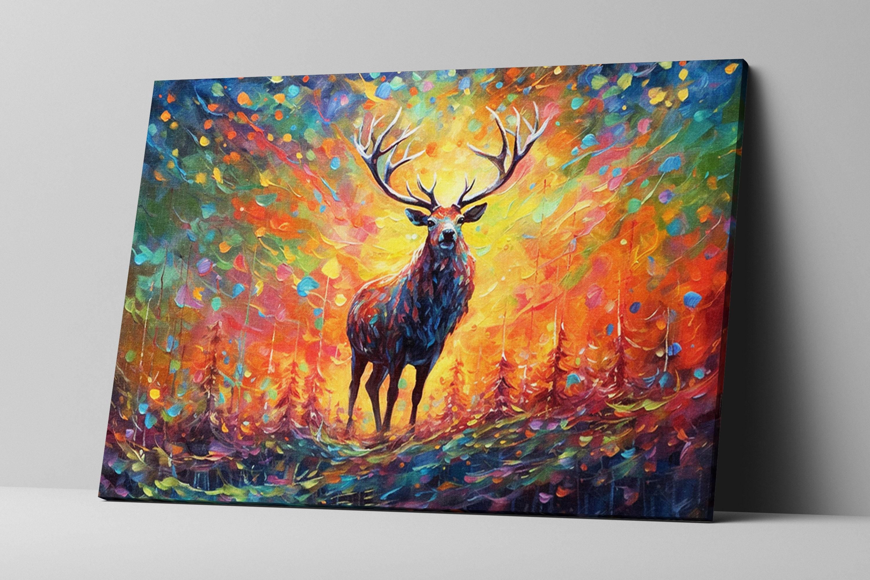 Colorful Reindeer Painting - Large Christmas Canvas Art | Rustic Holiday Wall Decor