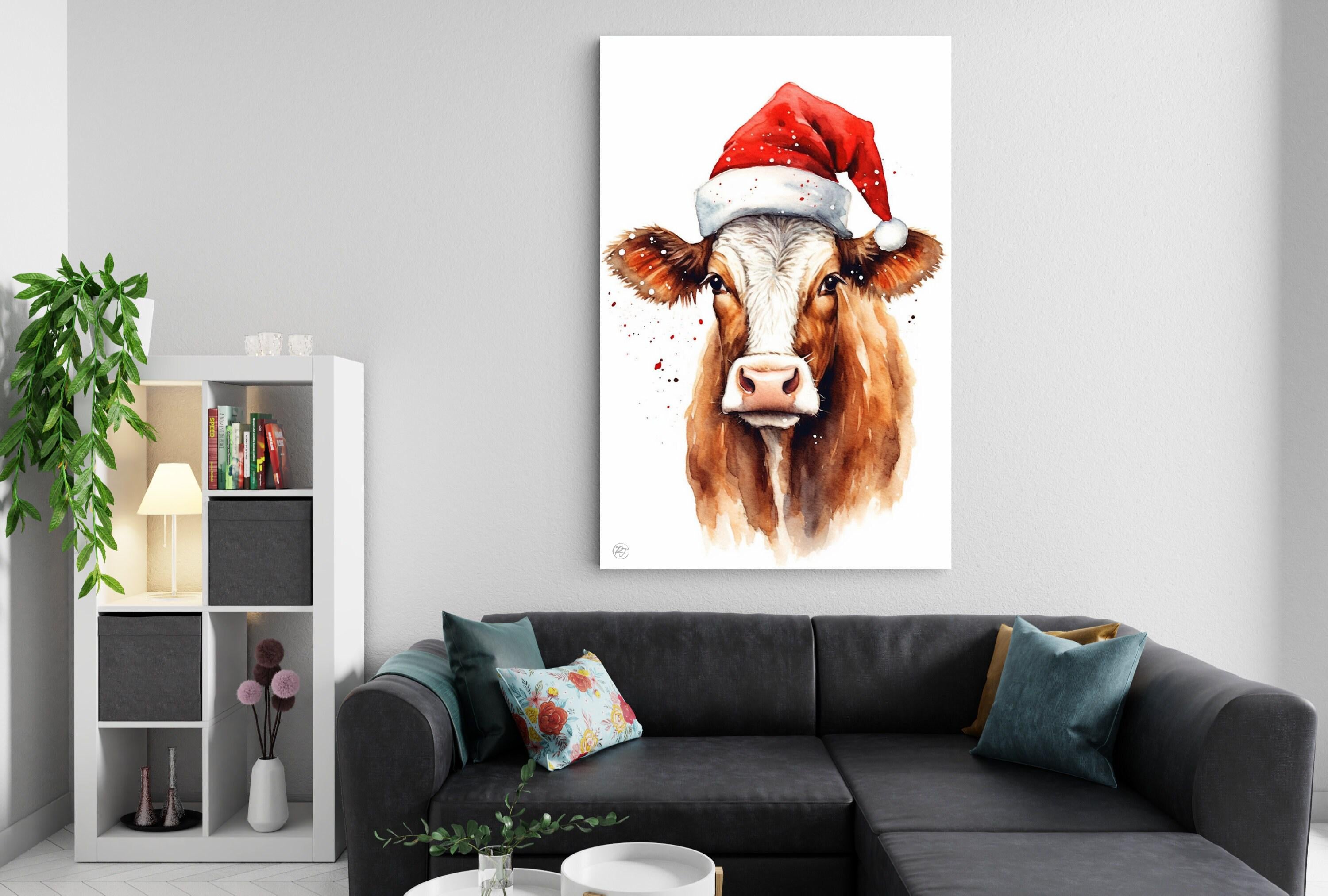 Christmas Cow Watercolor Holiday Wall Art, Giclee Print on Canvas, Artist Paper, Watercolor Paper, Available in Extra Large Sizes