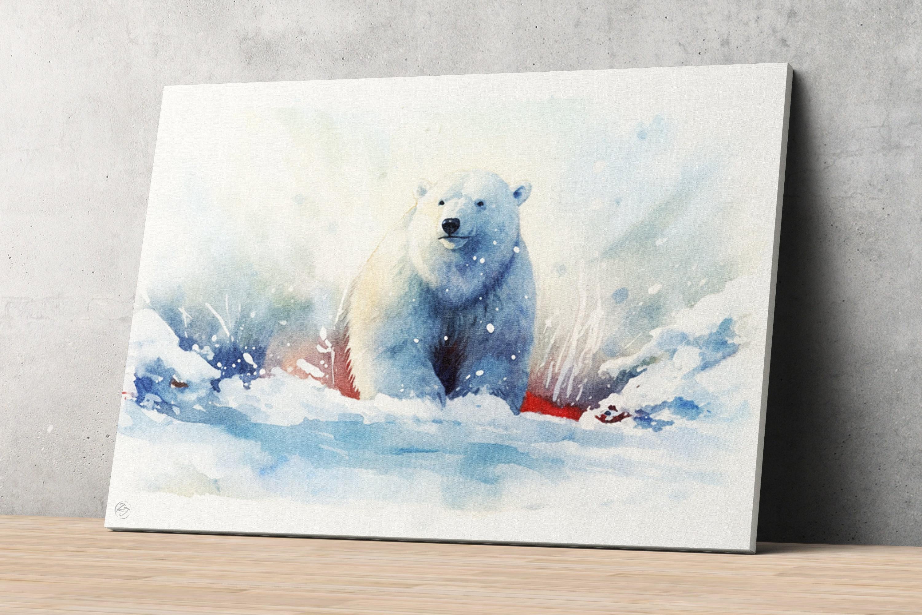 Icy Wonderland: Polar Bear Watercolor Painting - Giclee Print on Canvas, Artist Paper, Watercolor Paper, Available in Extra Large Sizes