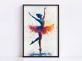 A framed painting depicting a ballerina in a dynamic pose, with her arms raised and her body adorned with a colorful tutu.