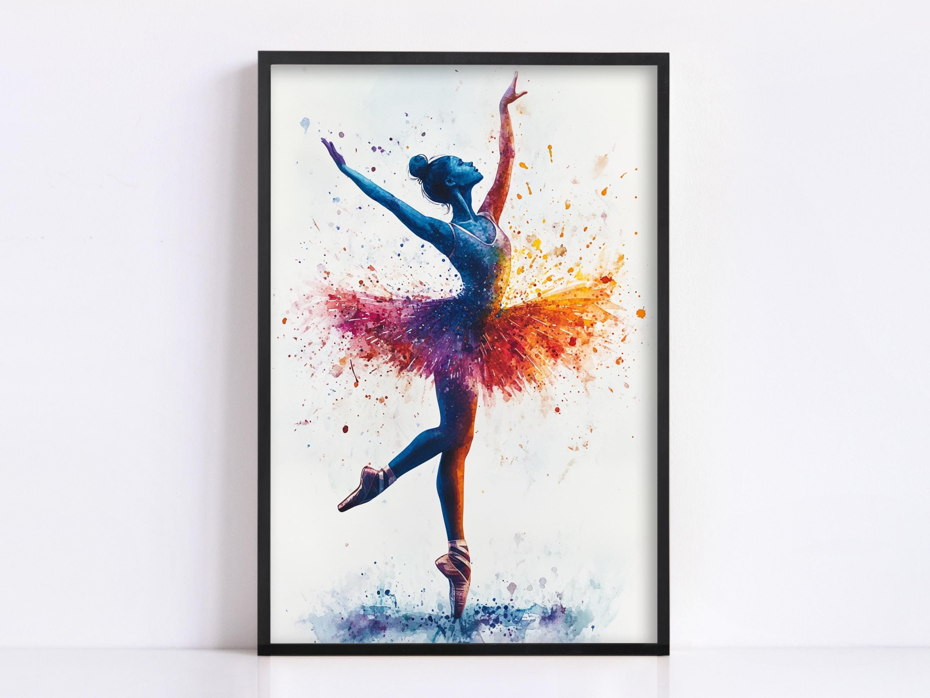 A framed painting depicting a ballerina in a dynamic pose, with her arms raised and her body adorned with a colorful tutu.