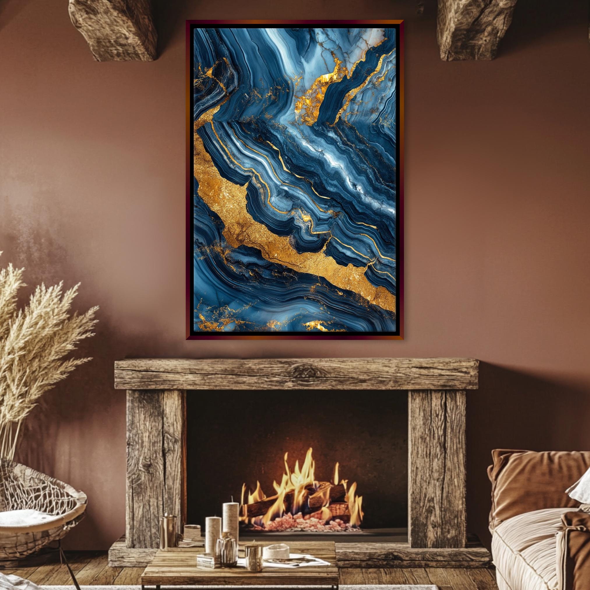 a living room with a fire place and a painting on the wall
