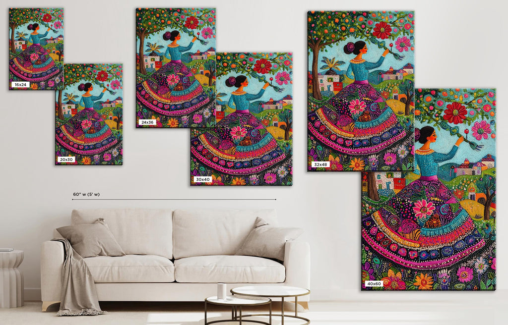 a living room with a couch and a painting on the wall