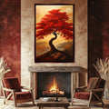 a living room with a fire place and a painting on the wall