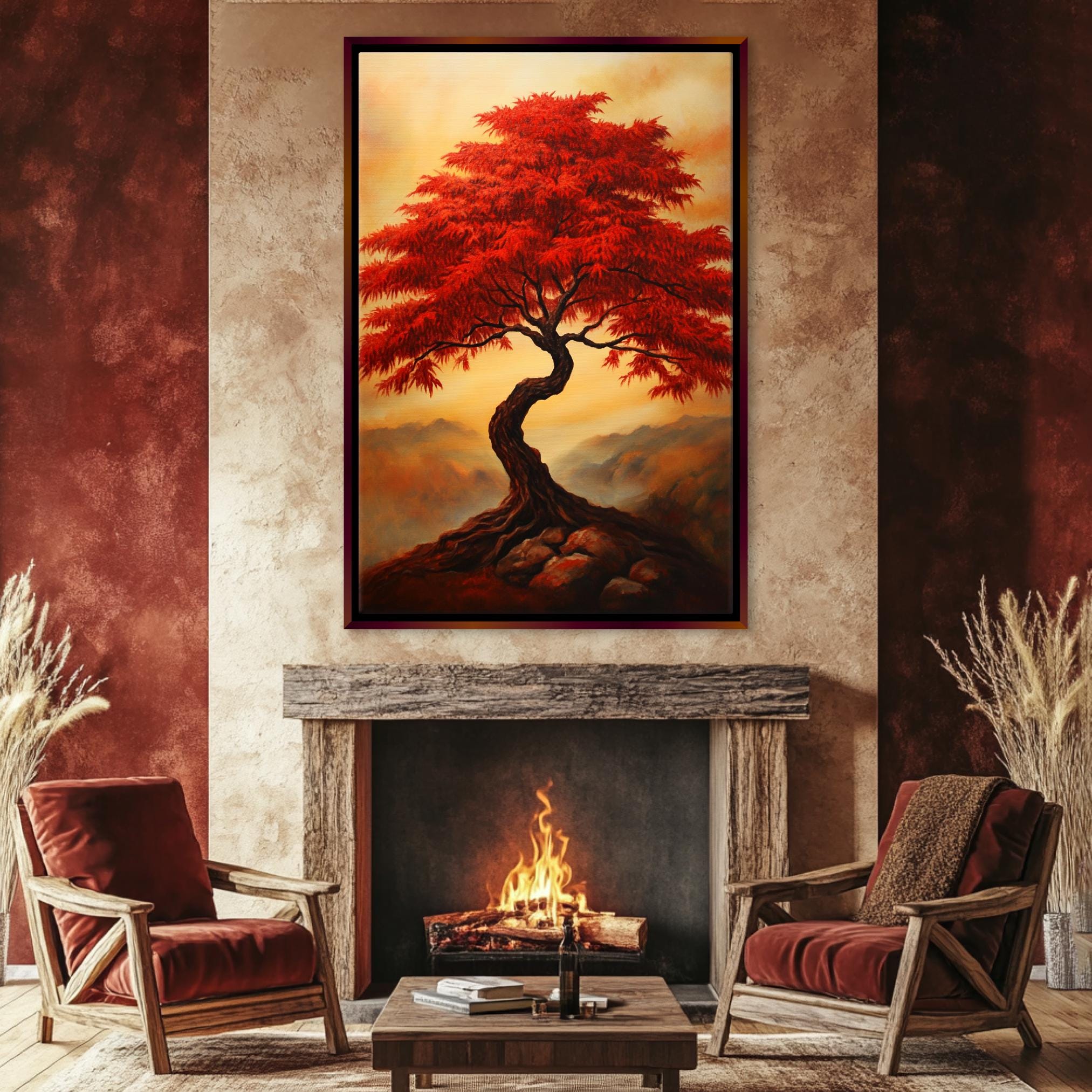 a living room with a fire place and a painting on the wall
