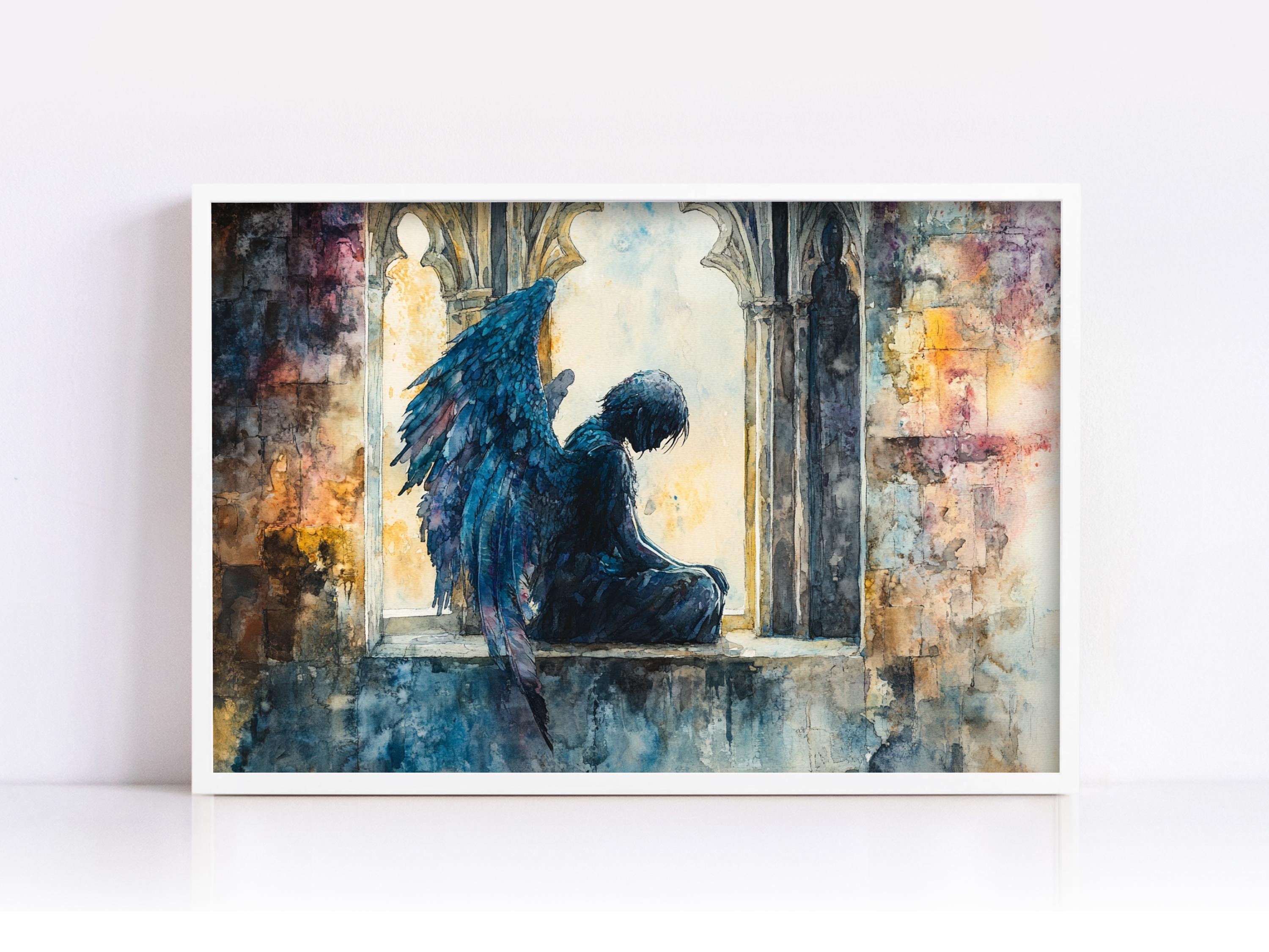 The image is a painting depicting a dark, winged figure sitting in a window frame, with a colorful, abstract background.