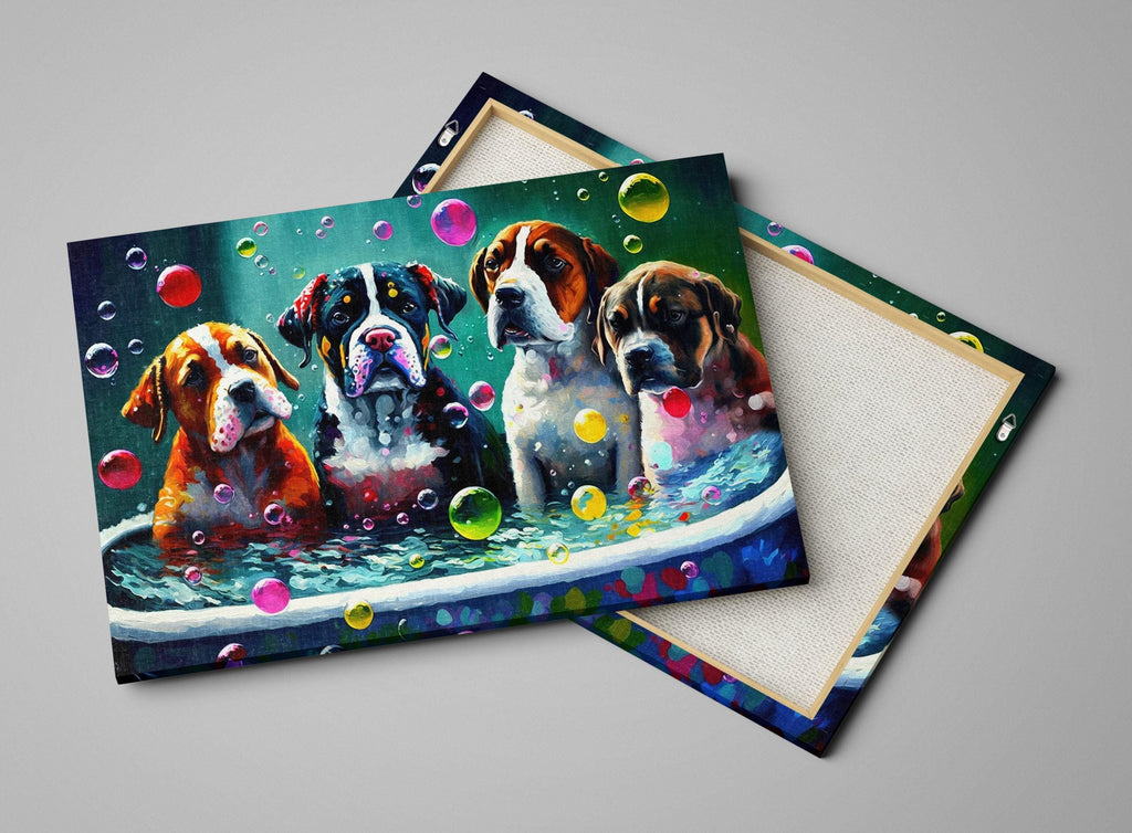Dog Bath Canvas – Vibrant Colorful Dogs Playing Art on Gallery Ready Canvas