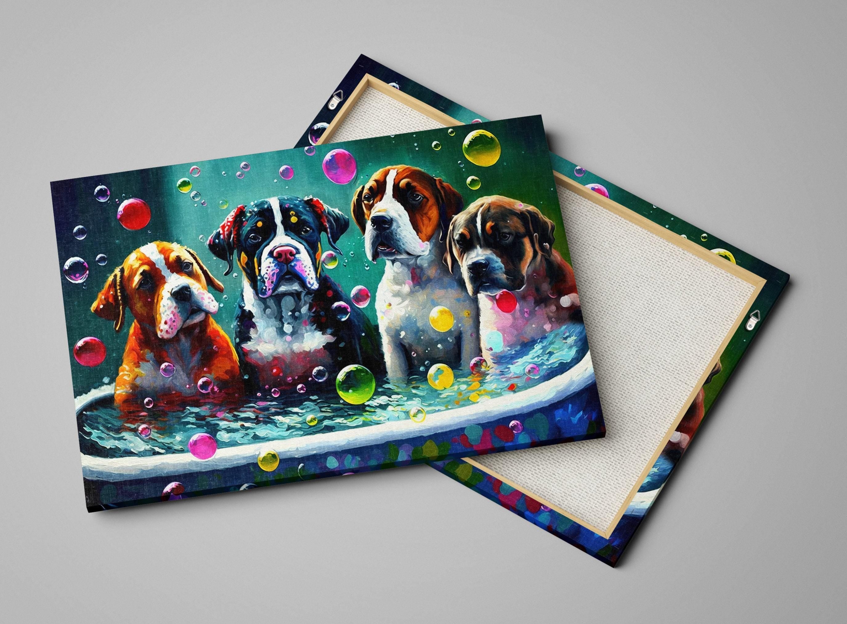 Dog Bath Canvas – Vibrant Colorful Dogs Playing Art on Gallery Ready Canvas