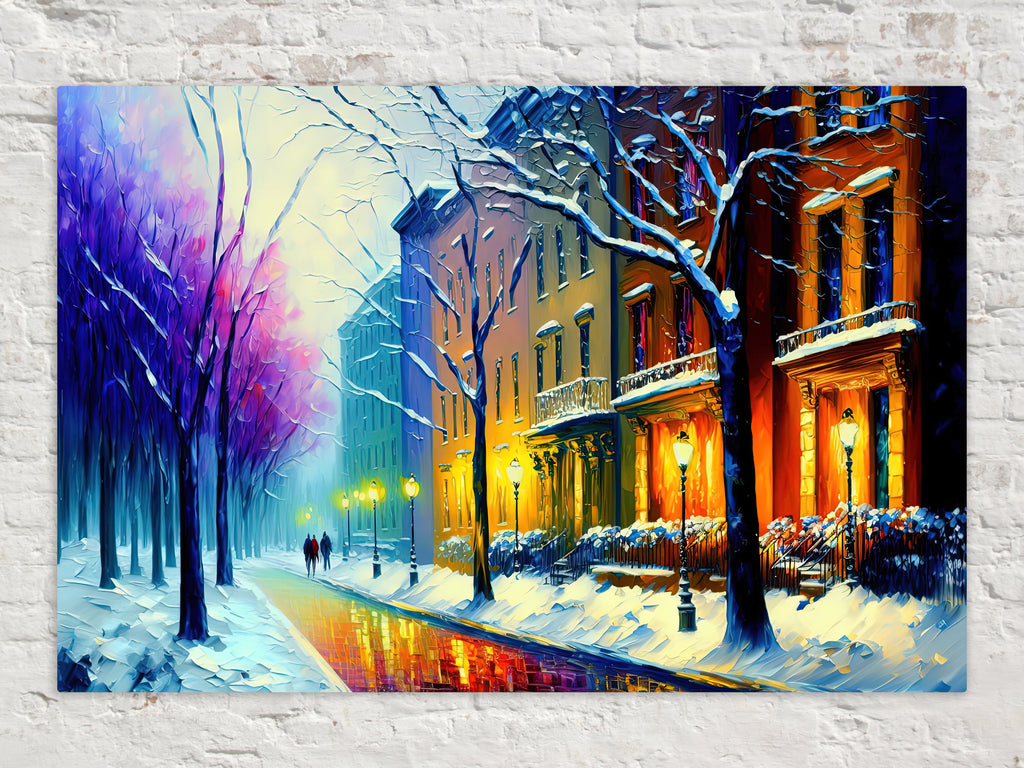 Cityscape Painting Print – Vibrant Winter Snow Artwork on Large Canvas Art