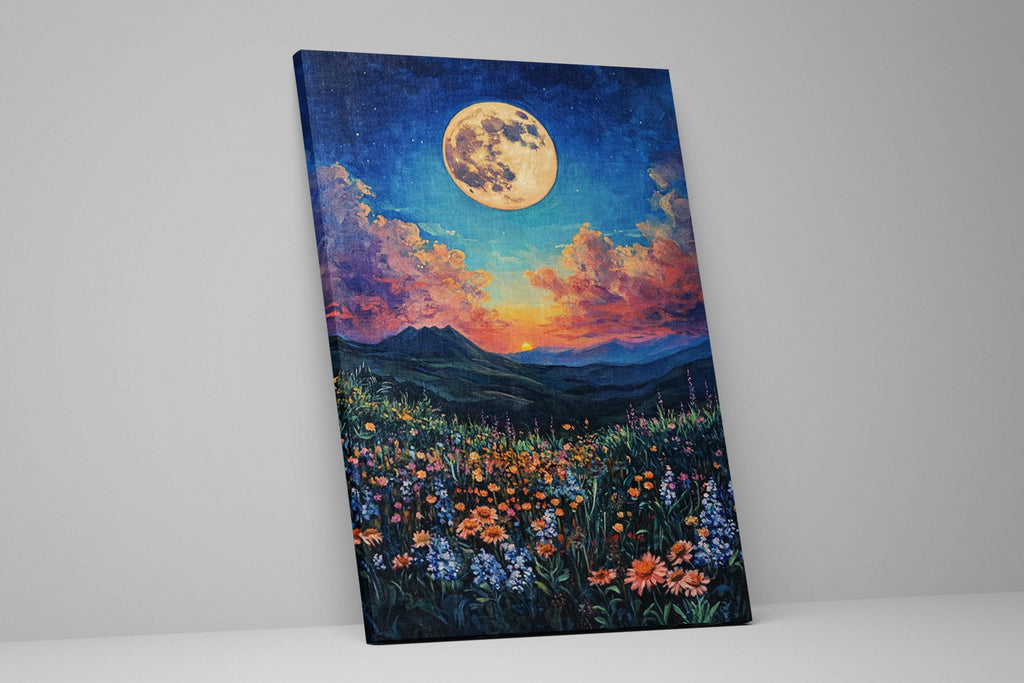 a painting of a field of flowers with a full moon in the background
