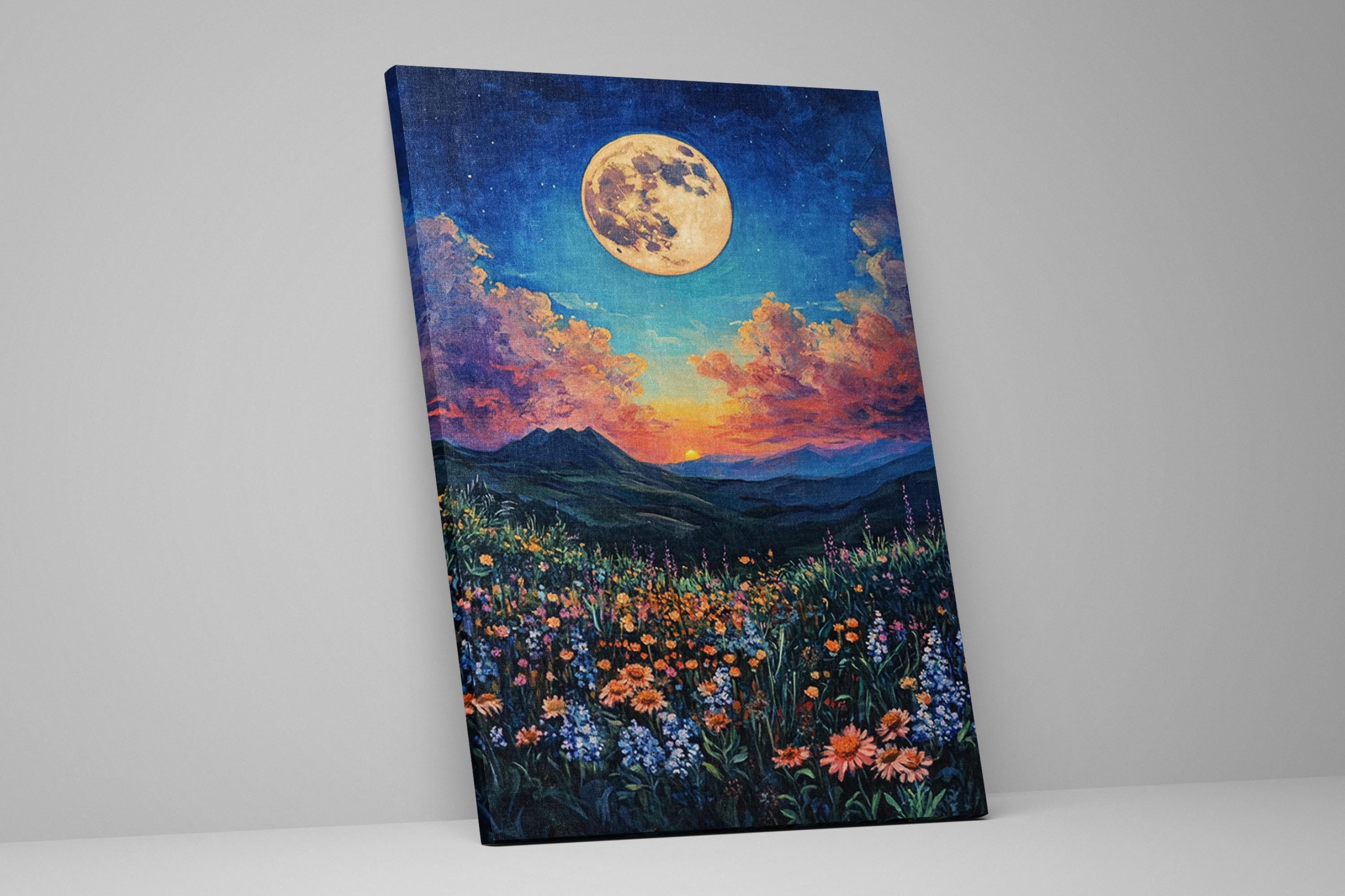 a painting of a field of flowers with a full moon in the background