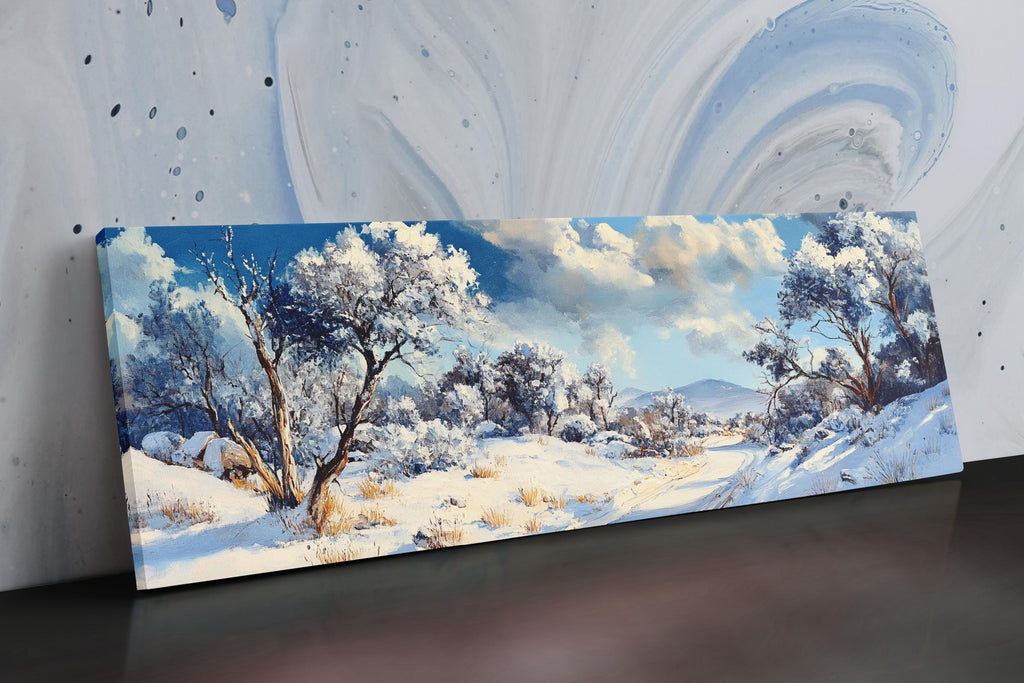 a painting of a snowy landscape with trees
