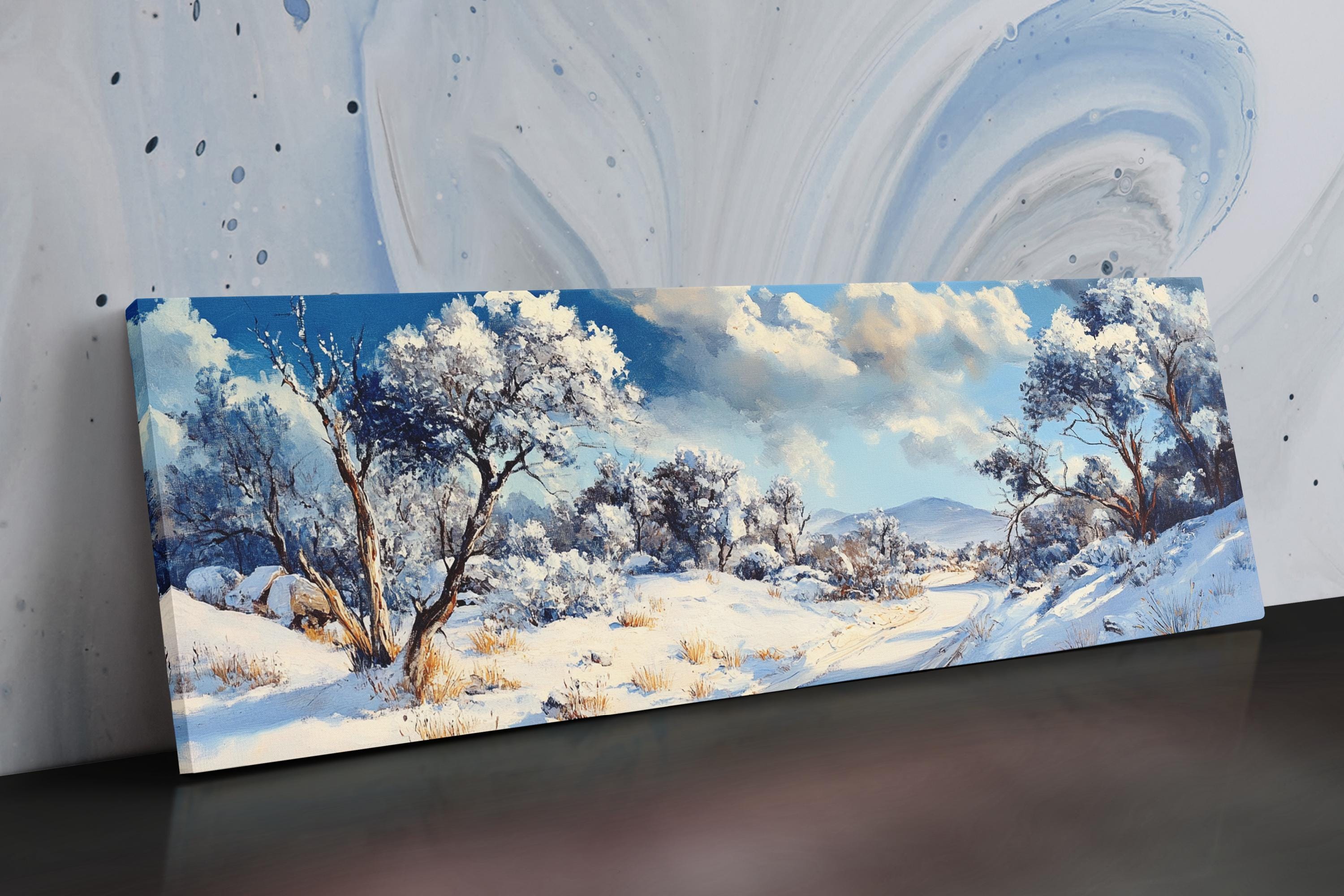 a painting of a snowy landscape with trees