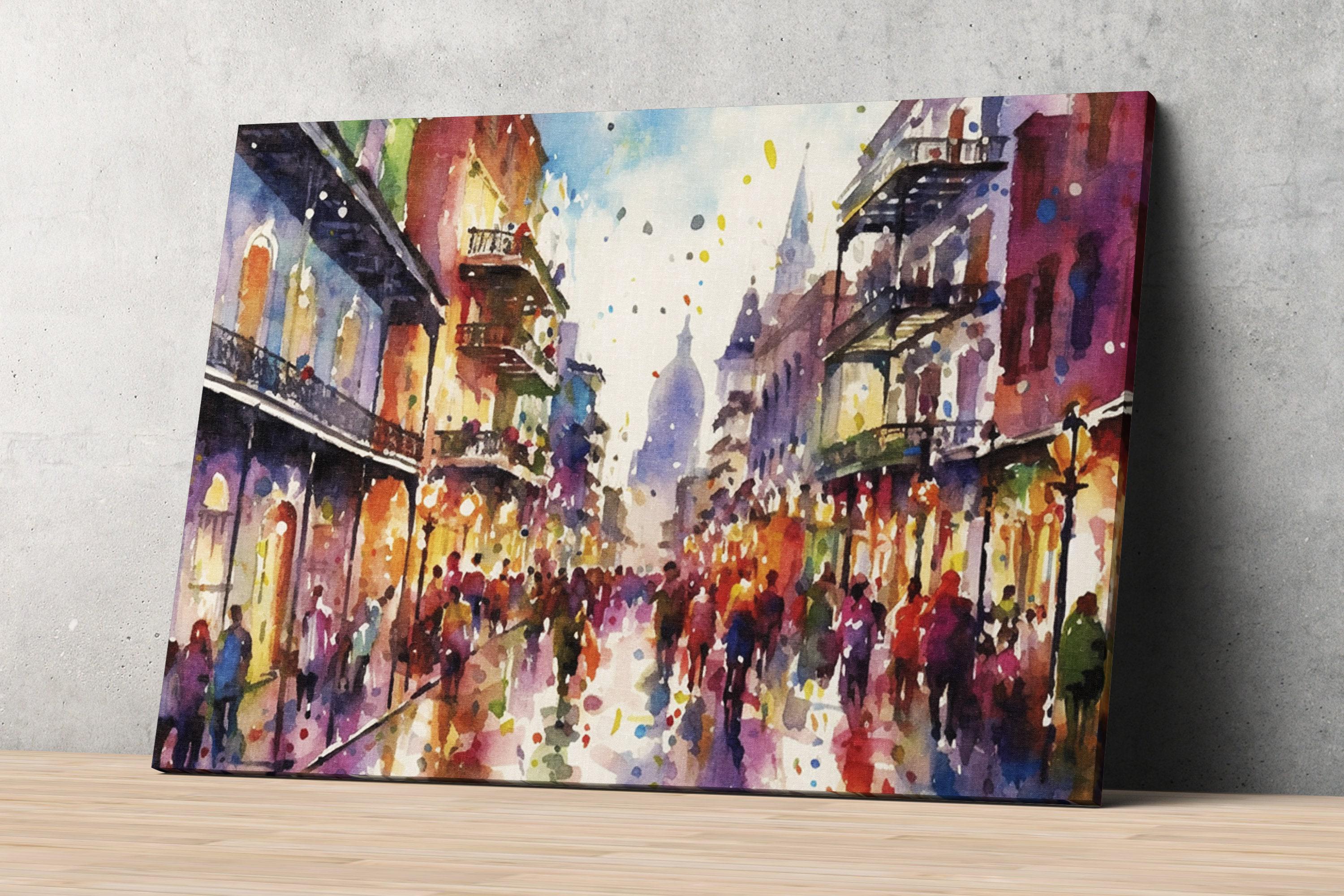 Colorful Mardi Gras Party Scene Watercolor – Bourbon Street, Print on Canvas, Artist Paper, Watercolor Paper, Available in Extra Large Sizes