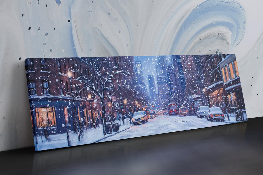 a painting of a snowy city street at night