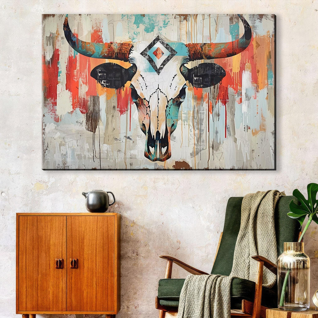 Cowboy Cow Skull Art - Rustic Wall Art | Large Canvas Print, Texas Home Decor
