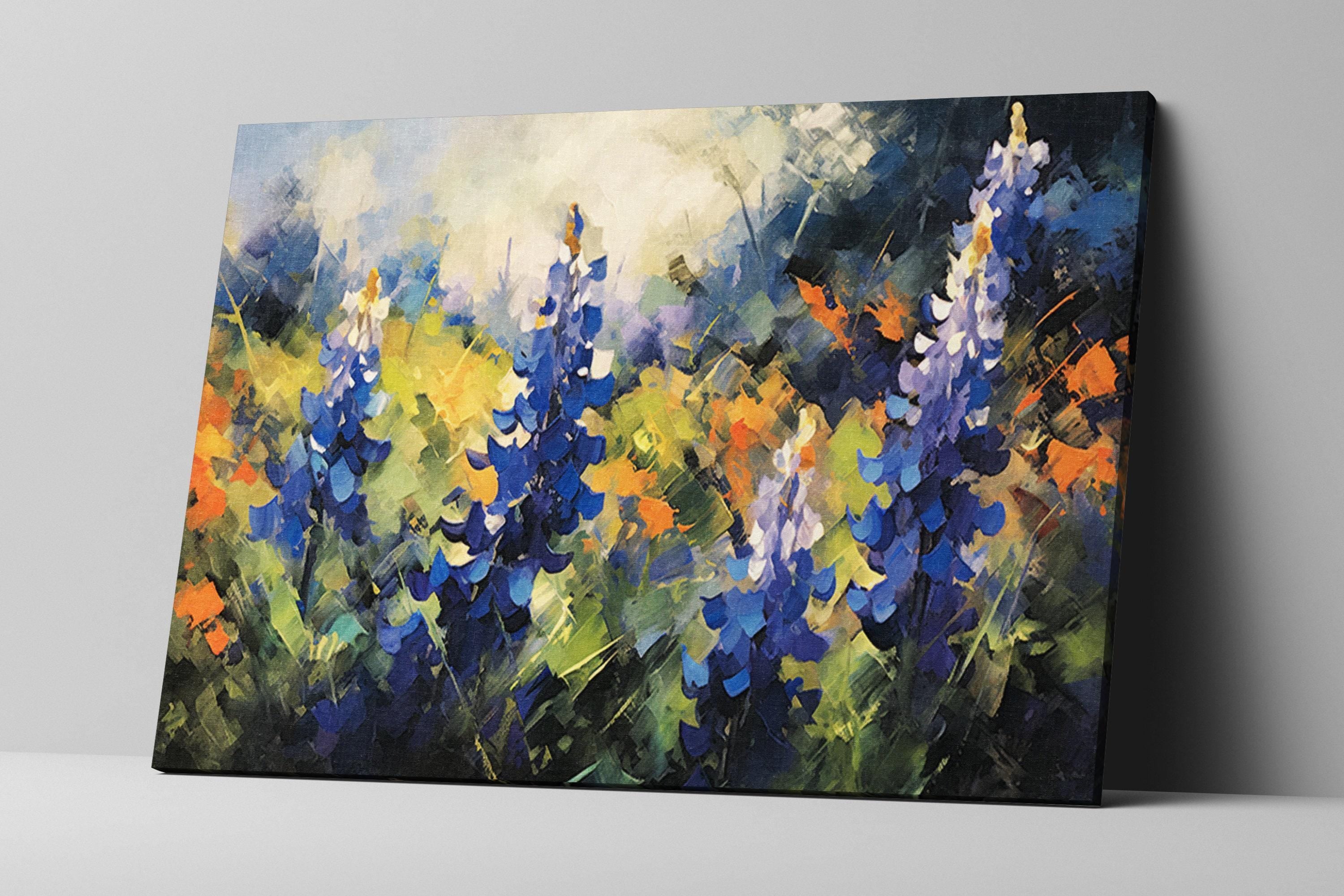The image is a vibrant painting depicting a field of blue and orange flowers, with the colors and brushstrokes creating a lively and dynamic scene.