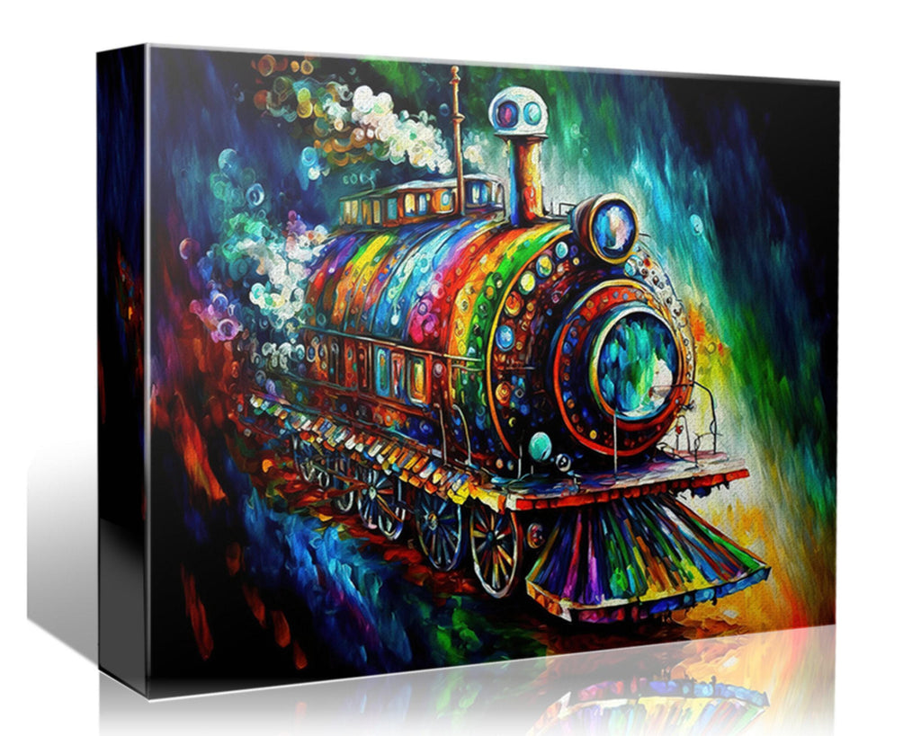 Steampunk Train Art – Colorful Locomotive Canvas with Vibrant Steam Engine Artwork