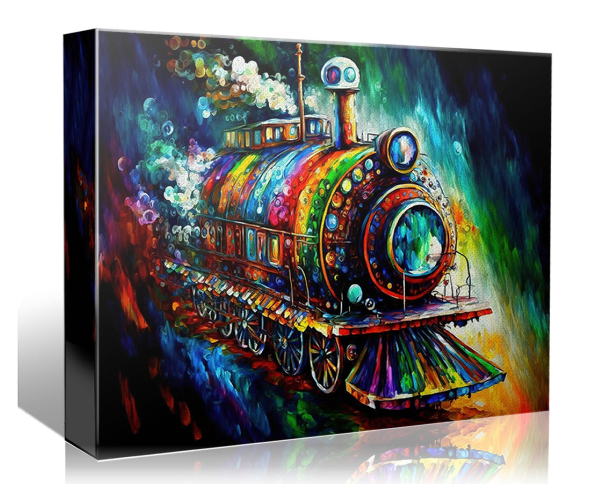 Steampunk Train Art – Colorful Locomotive Canvas with Vibrant Steam Engine Artwork