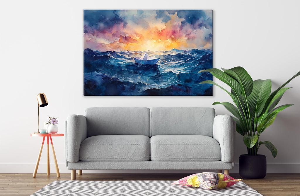 a gray sofa, a potted plant, a lamp, and a painting of a boat on a stormy sea.