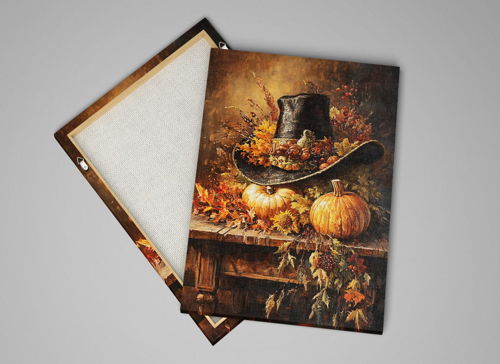 The image is a painting depicting a hat, pumpkins, and autumn leaves on a wooden surface.