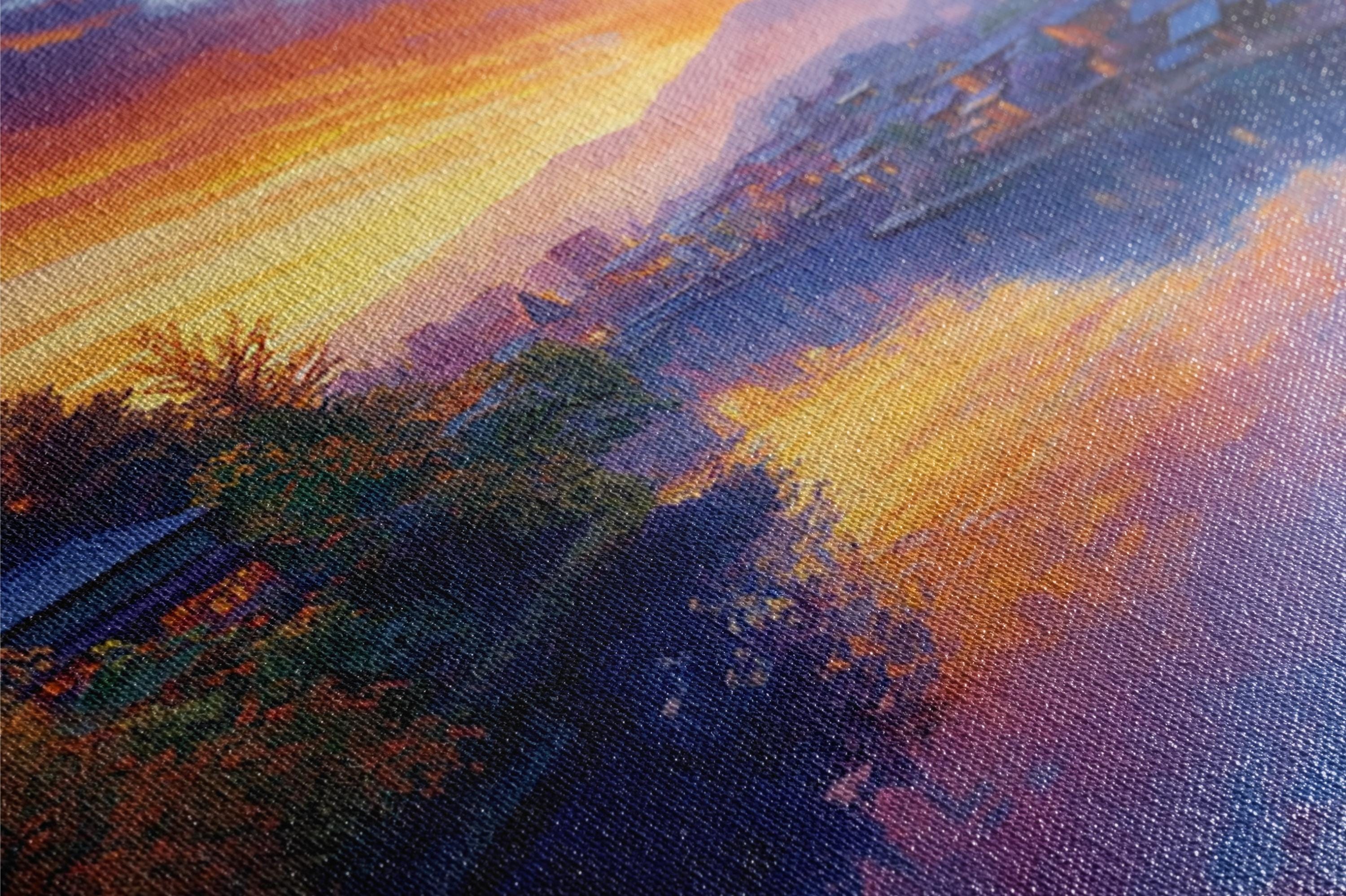 a painting of a sunset with a train on the tracks