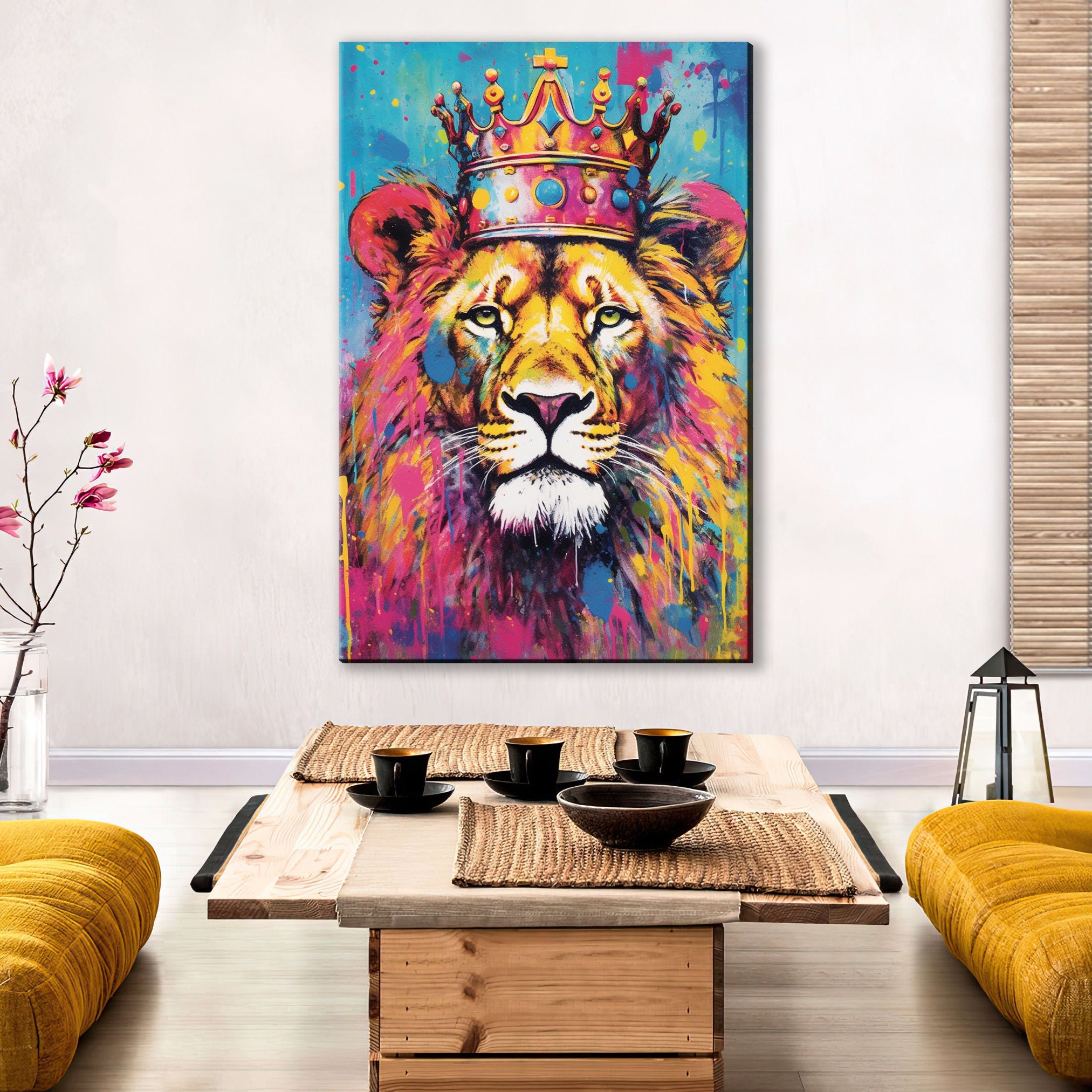 Lion Canvas Print – Large Gallery Wrapped Canvas Wall Art With Crowned Lion Design