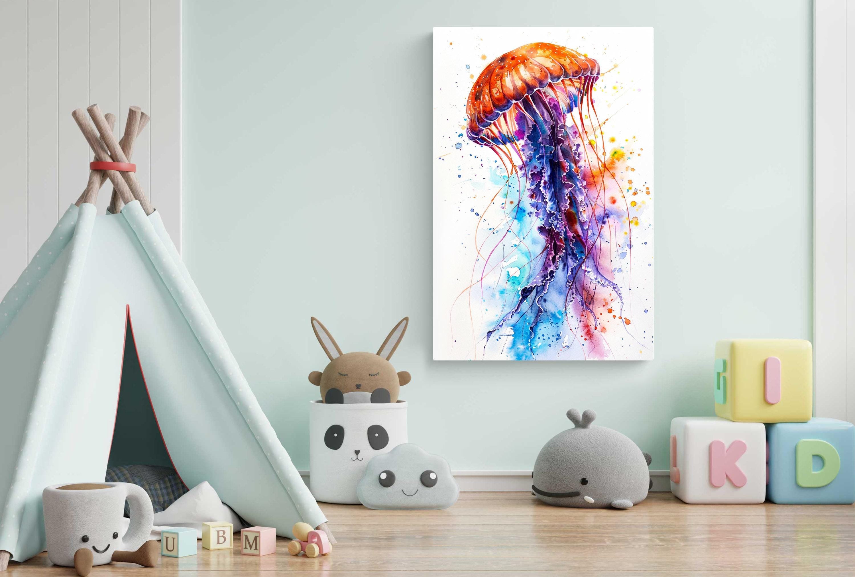 Beautiful Jellyfish Watercolor, Oceanic Wall Art, Giclee Print on Canvas, Artist Paper, Watercolor Paper, Available in Extra Large Sizes