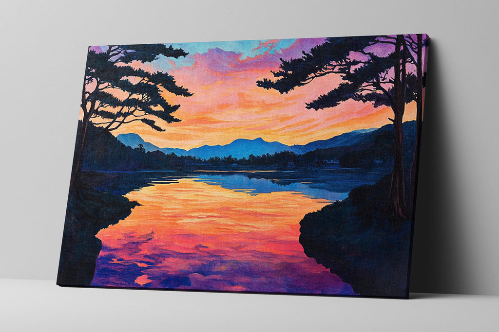 a painting of a sunset over a lake