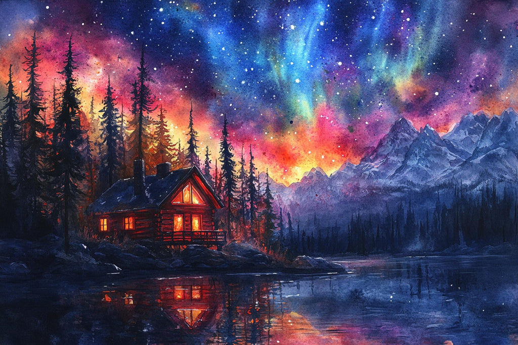 A cozy cabin nestled in a serene forest, with a breathtaking view of a starry night sky and a tranquil lake reflecting the vibrant colors of the sky.