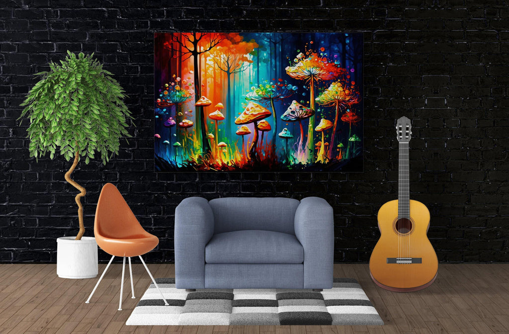 Psychedelic Mushroom Art - Magic Mushrooms Canvas | Glowing Trip Painting Print
