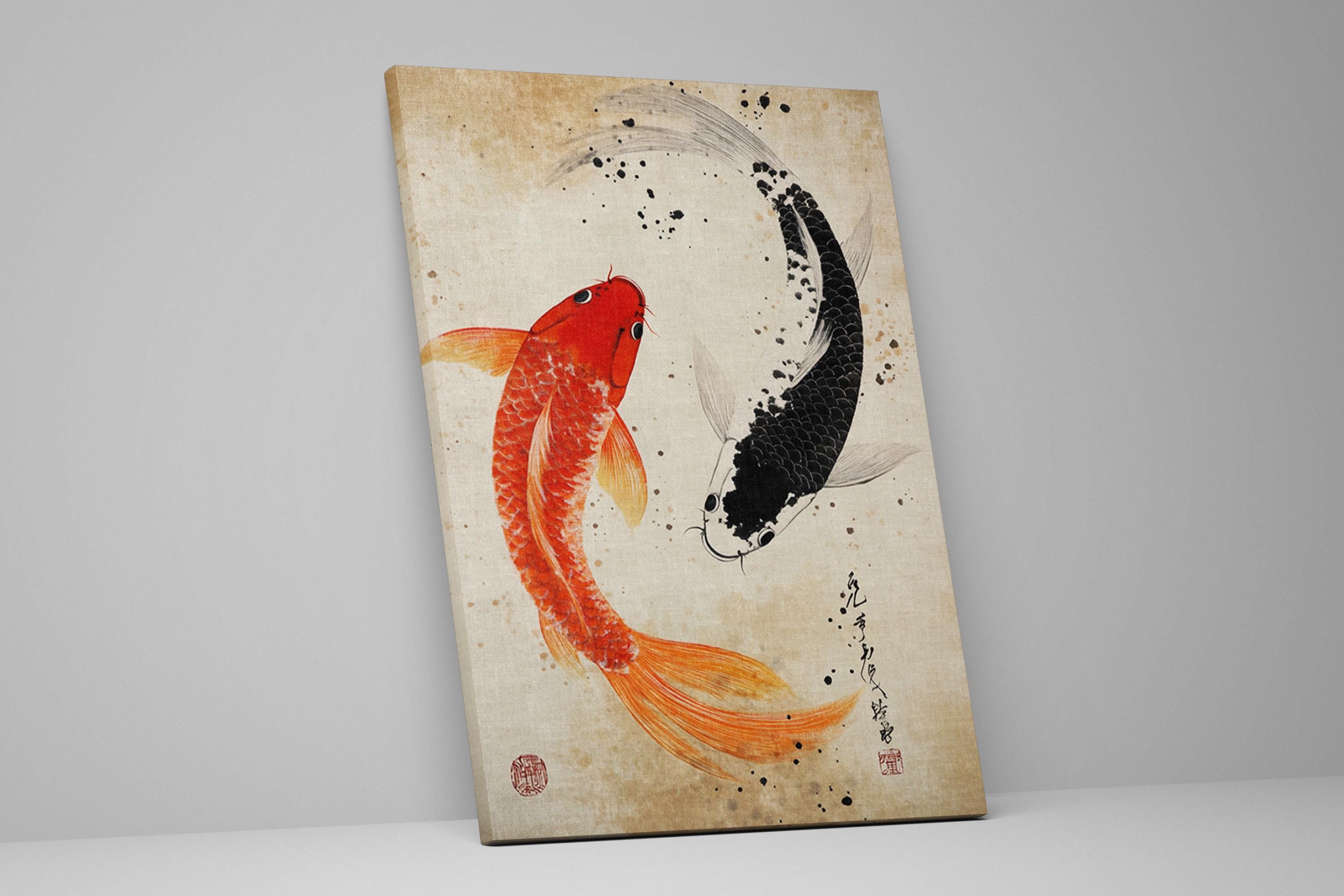 a painting of two fish swimming in a pond