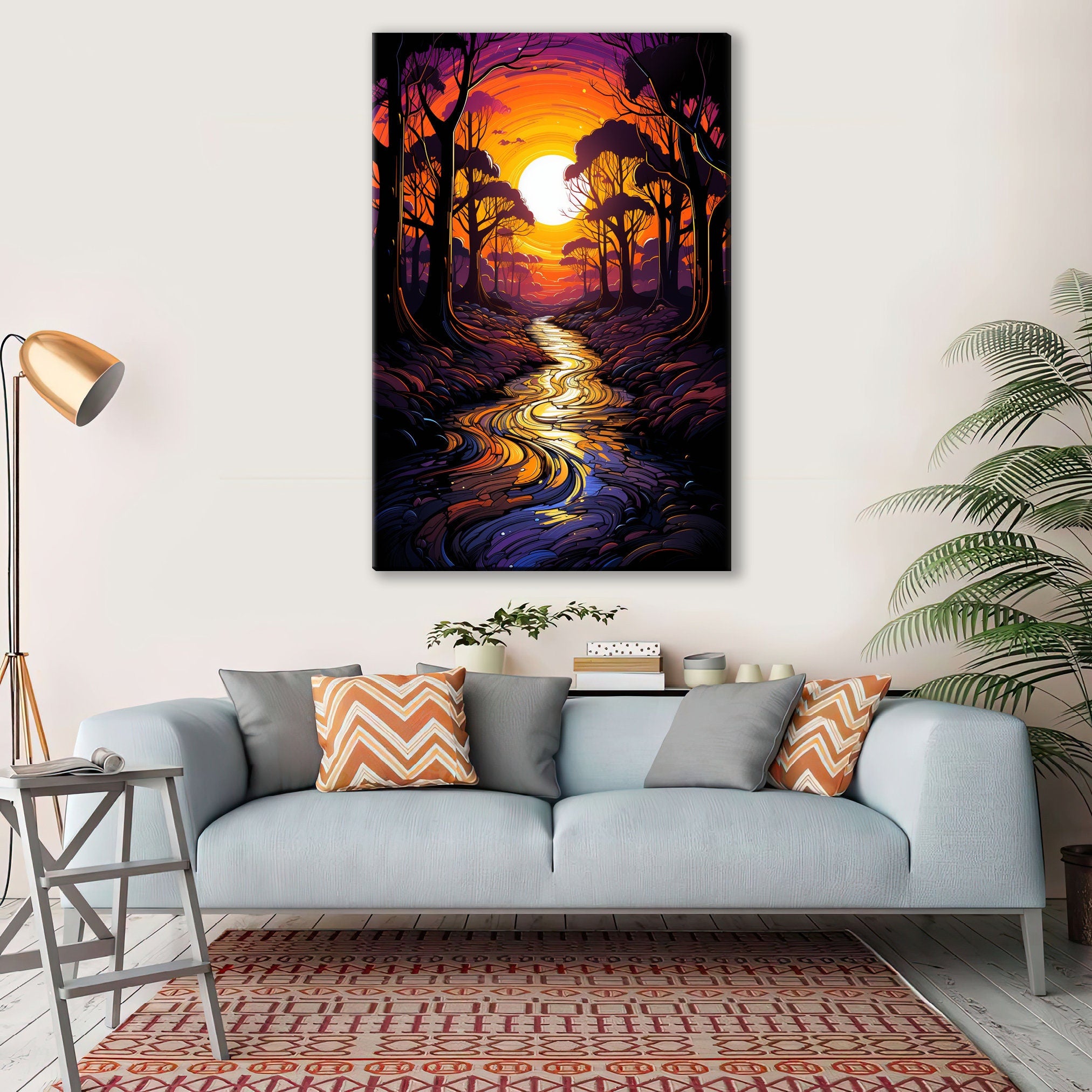 African River Canvas | Jungle Sunrise Forest - Gallery Wrapped Large Canvas Art