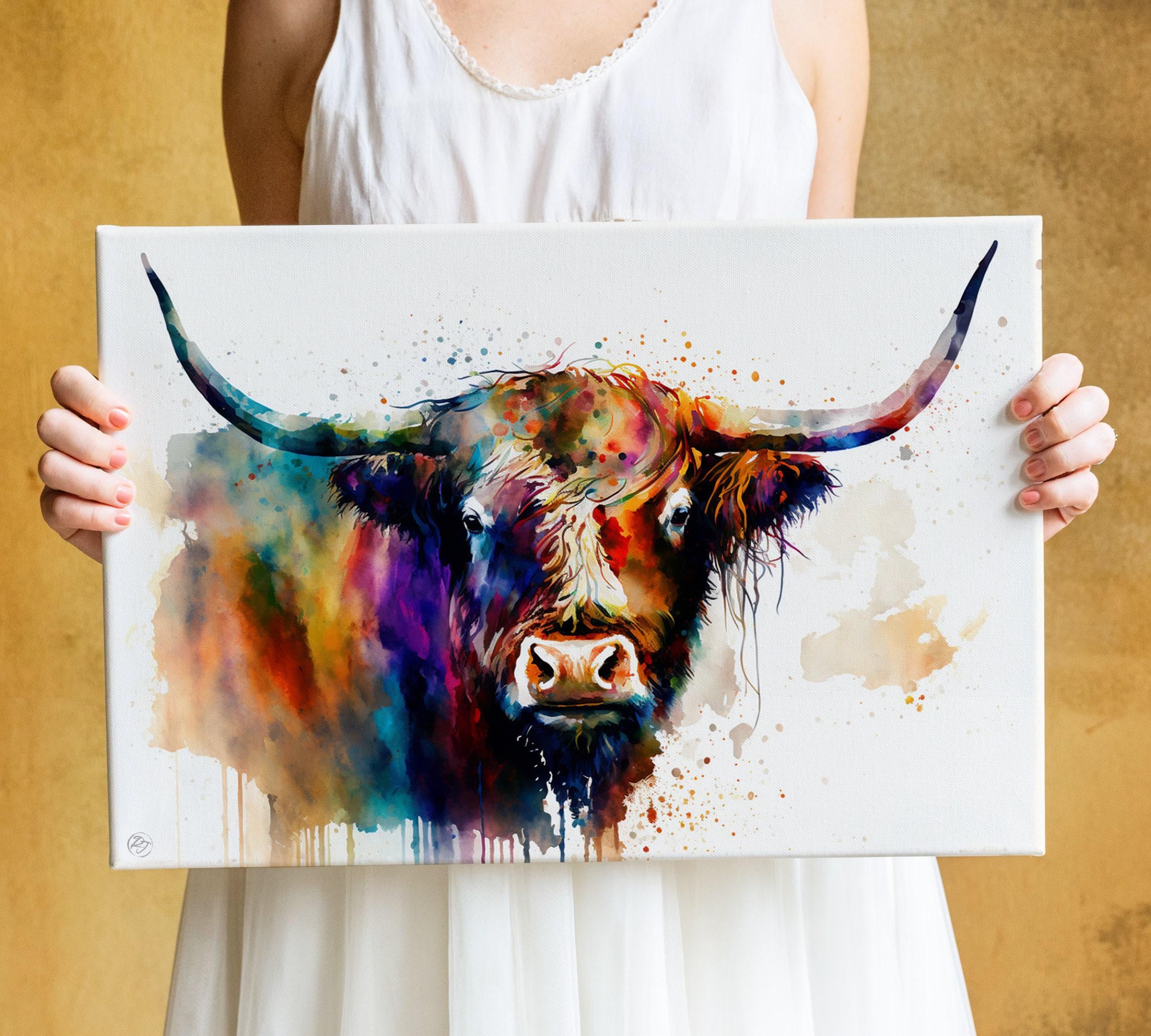 Highland Cow Portrait: Watercolor Highland Cattle Art, Giclee Canvas Print, Artist Paper, Watercolor Paper, Available in Extra Large Sizes