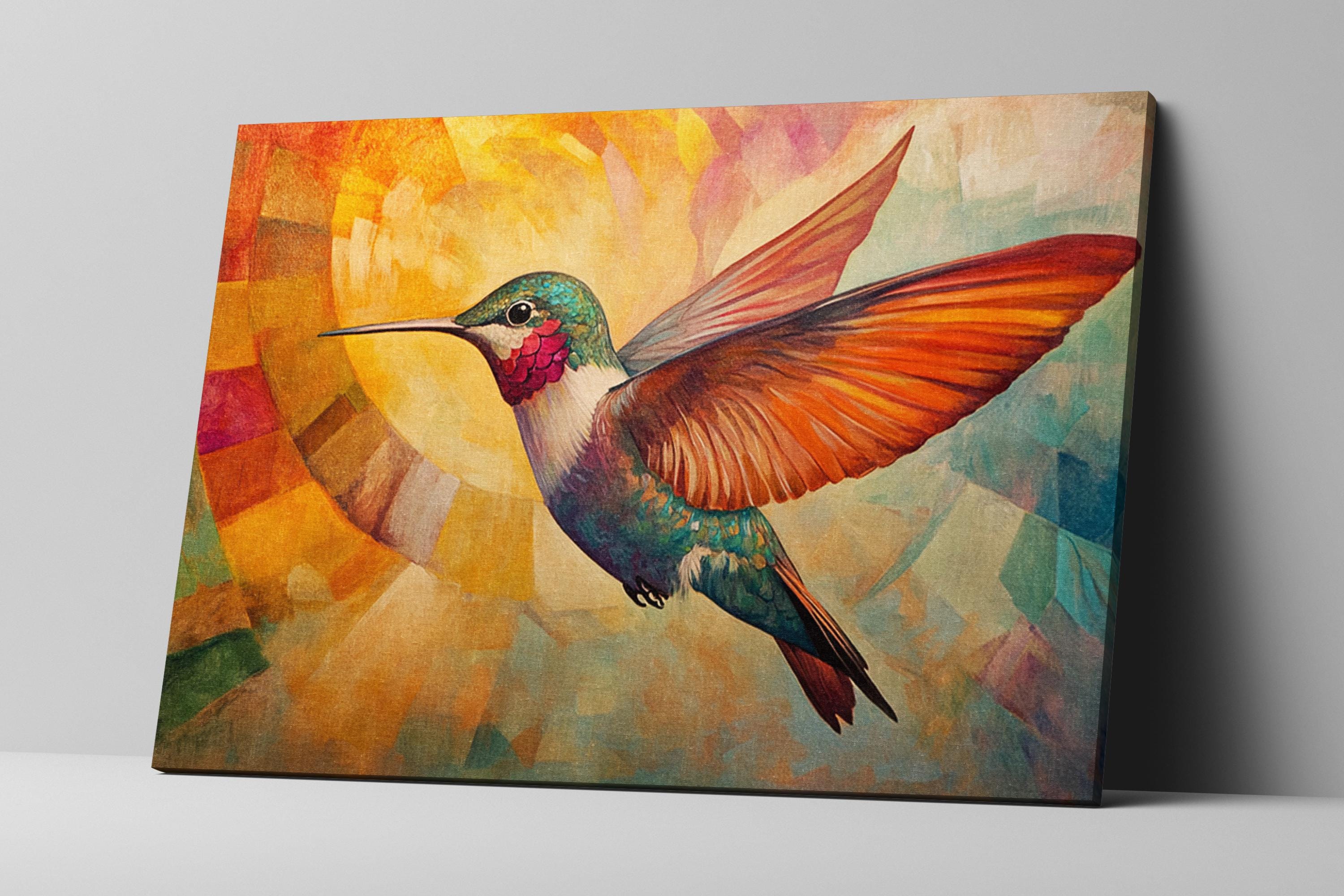 a painting of a hummingbird flying in front of a sun