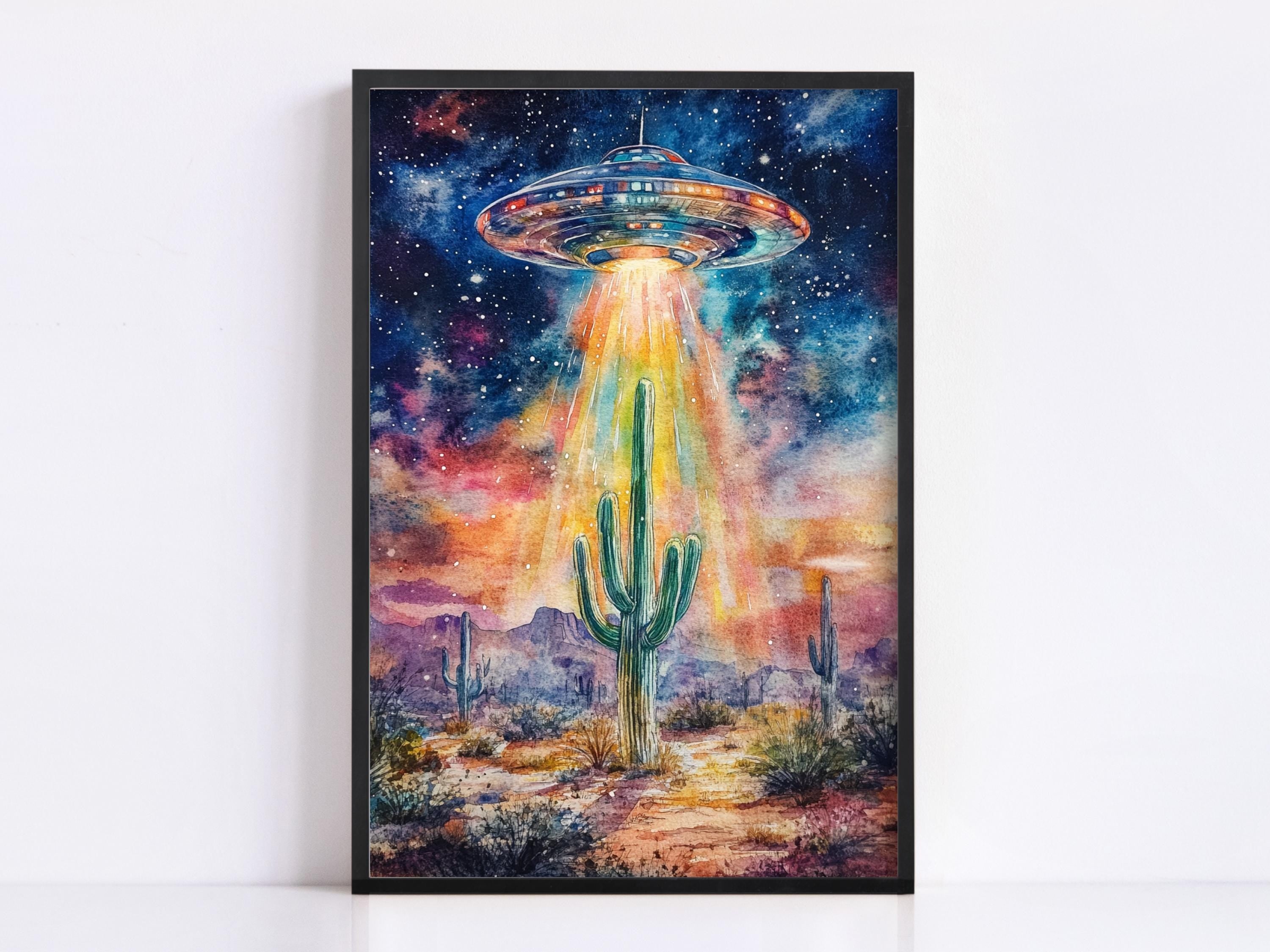 a desert landscape with a cactus in the foreground and a large, colorful alien spacecraft hovering above it, emitting a bright light.