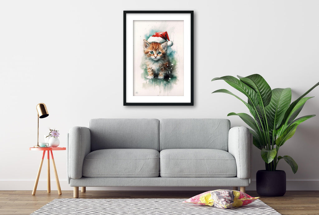 Festive Kitten in Santa Hat Watercolor Art Print, Giclee Print on Canvas, Artist Paper, Watercolor Paper, Available in Extra Large Sizes