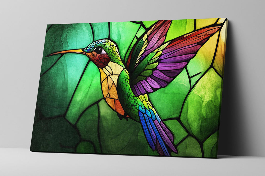 a painting of a hummingbird on a stained glass background