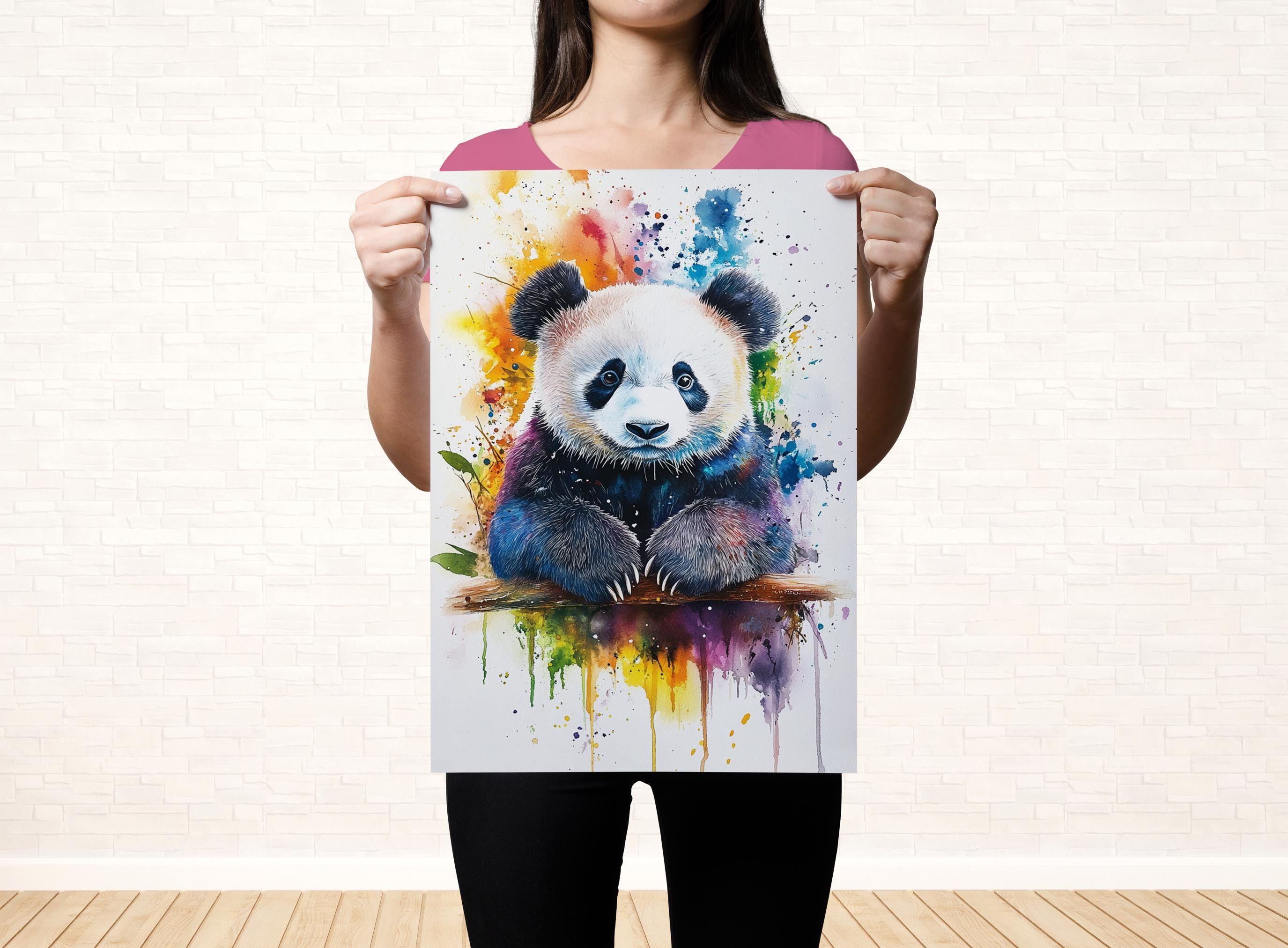 Cute Panda Bear Watercolor Painting Print, Giclee Print on Canvas, Artist Paper, Framed or Unframed, Available in Extra Large Sizes