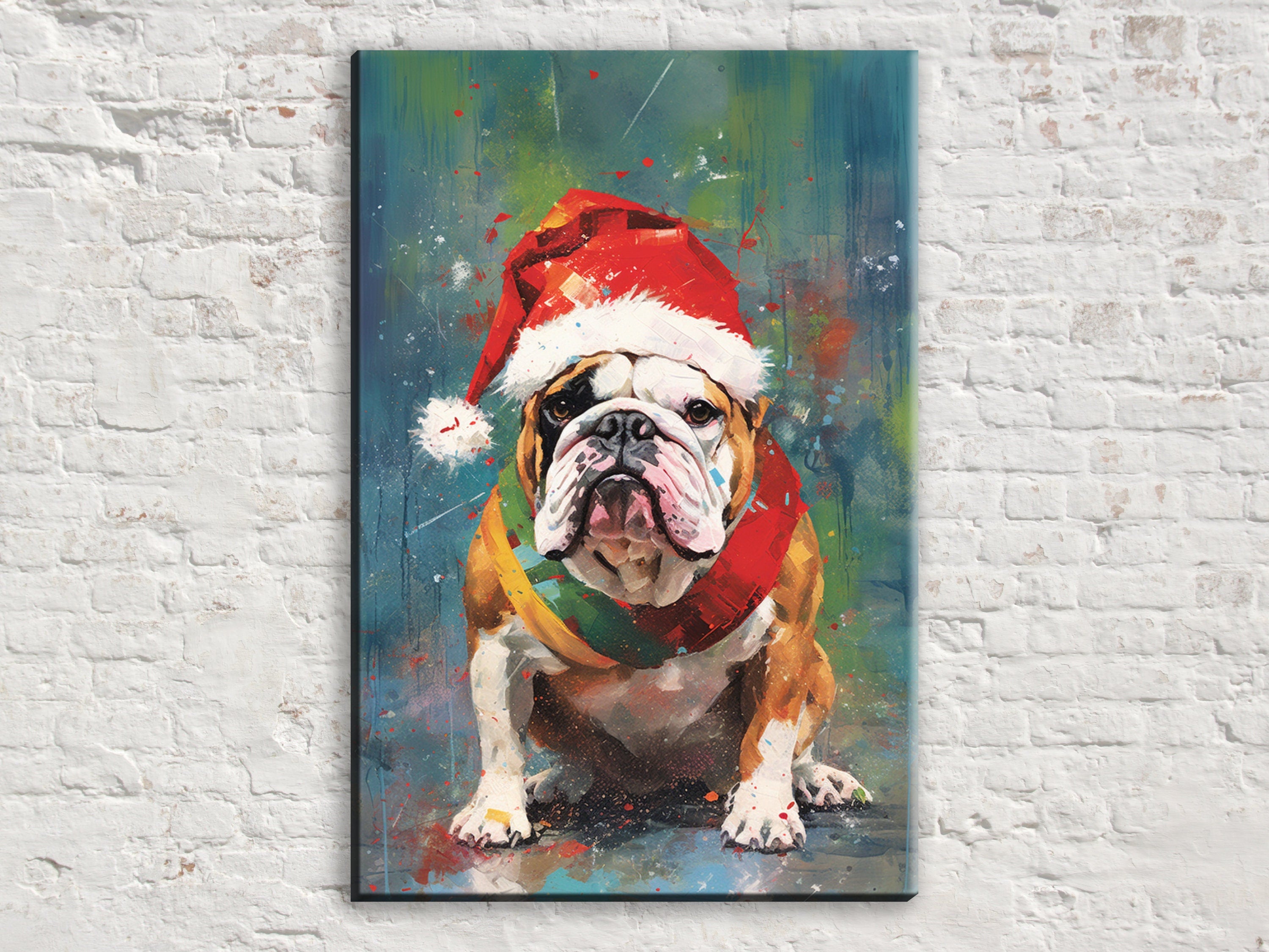 English Bulldog Christmas Art – Festive Dog Painting on Gallery Wrapped Canvas, Large Holiday Canvas