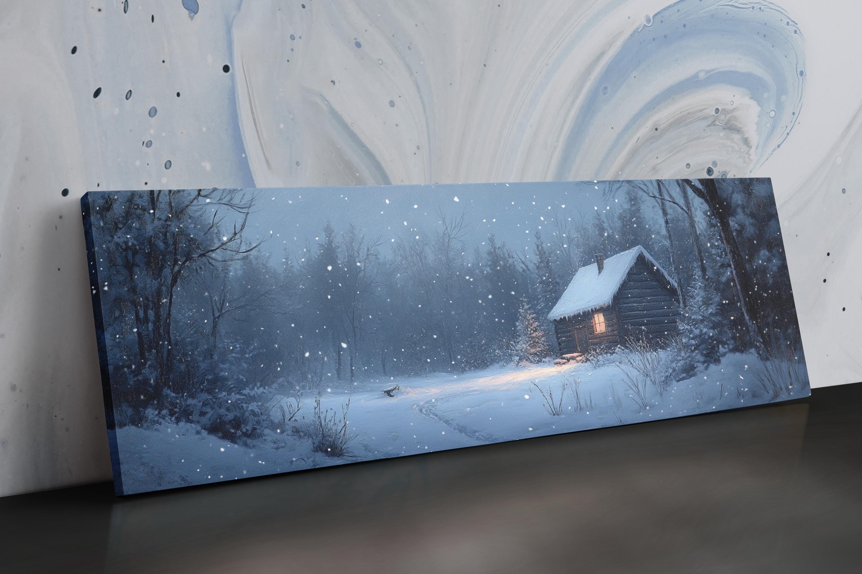 a painting of a cabin in a snowy forest