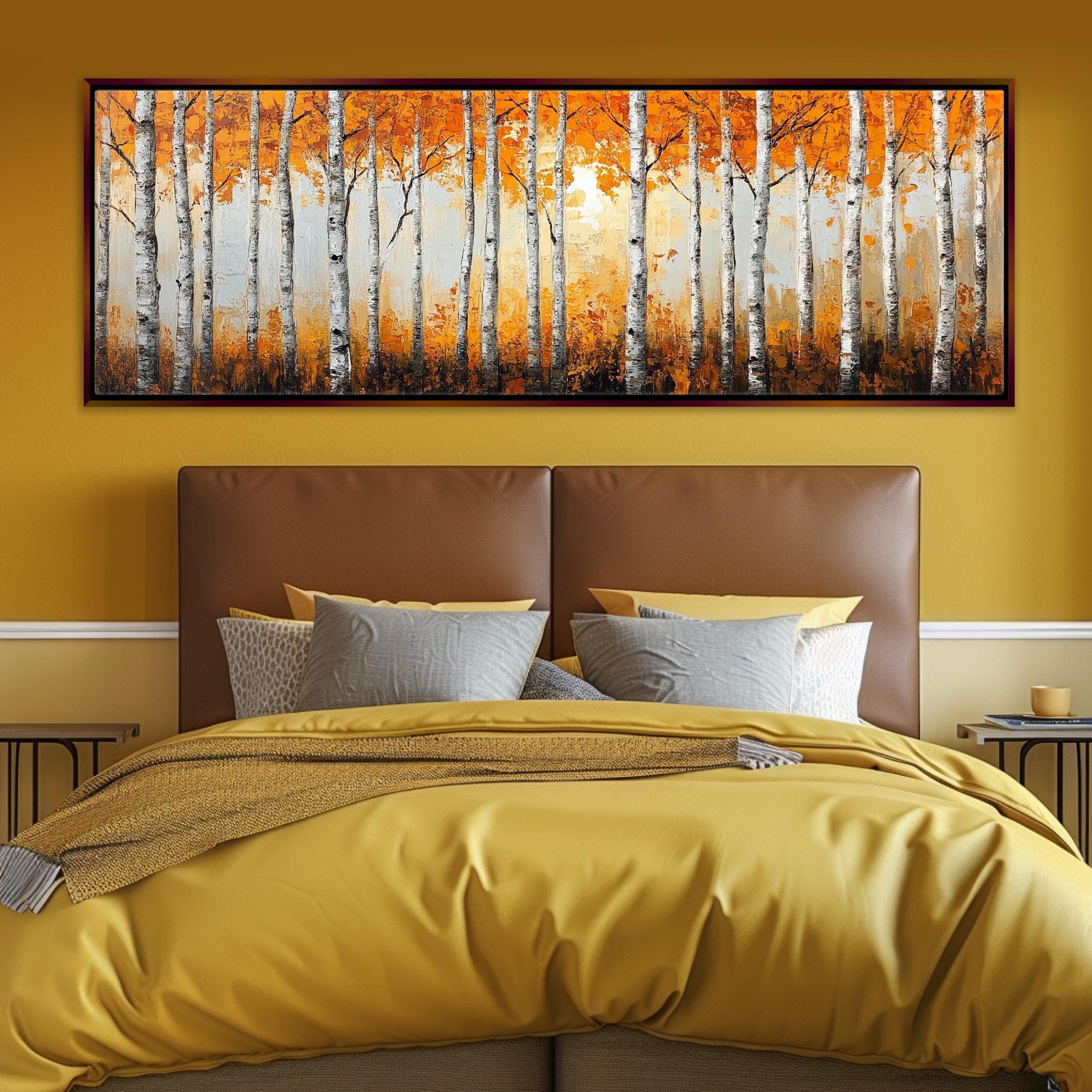 Birch Tree Wall Art – Large Framed Canvas Print with Orange Fall Leaves, Ready to Hang