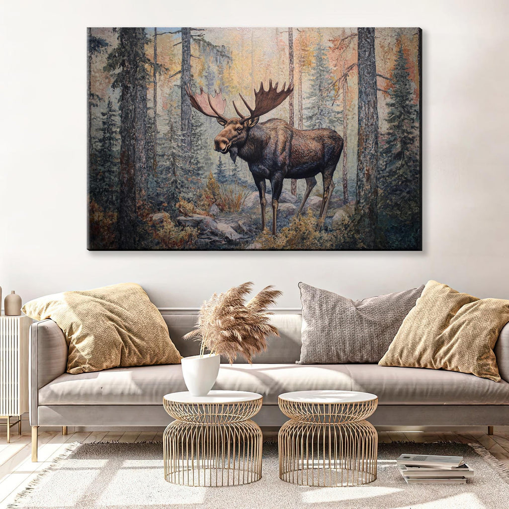 a painting of a moose in a forest