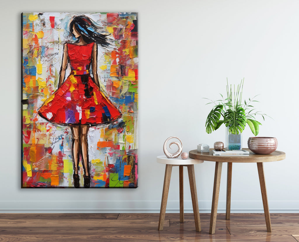 Red Dress Wall Art – Elegant Feminine Canvas Print with Impasto Painting
