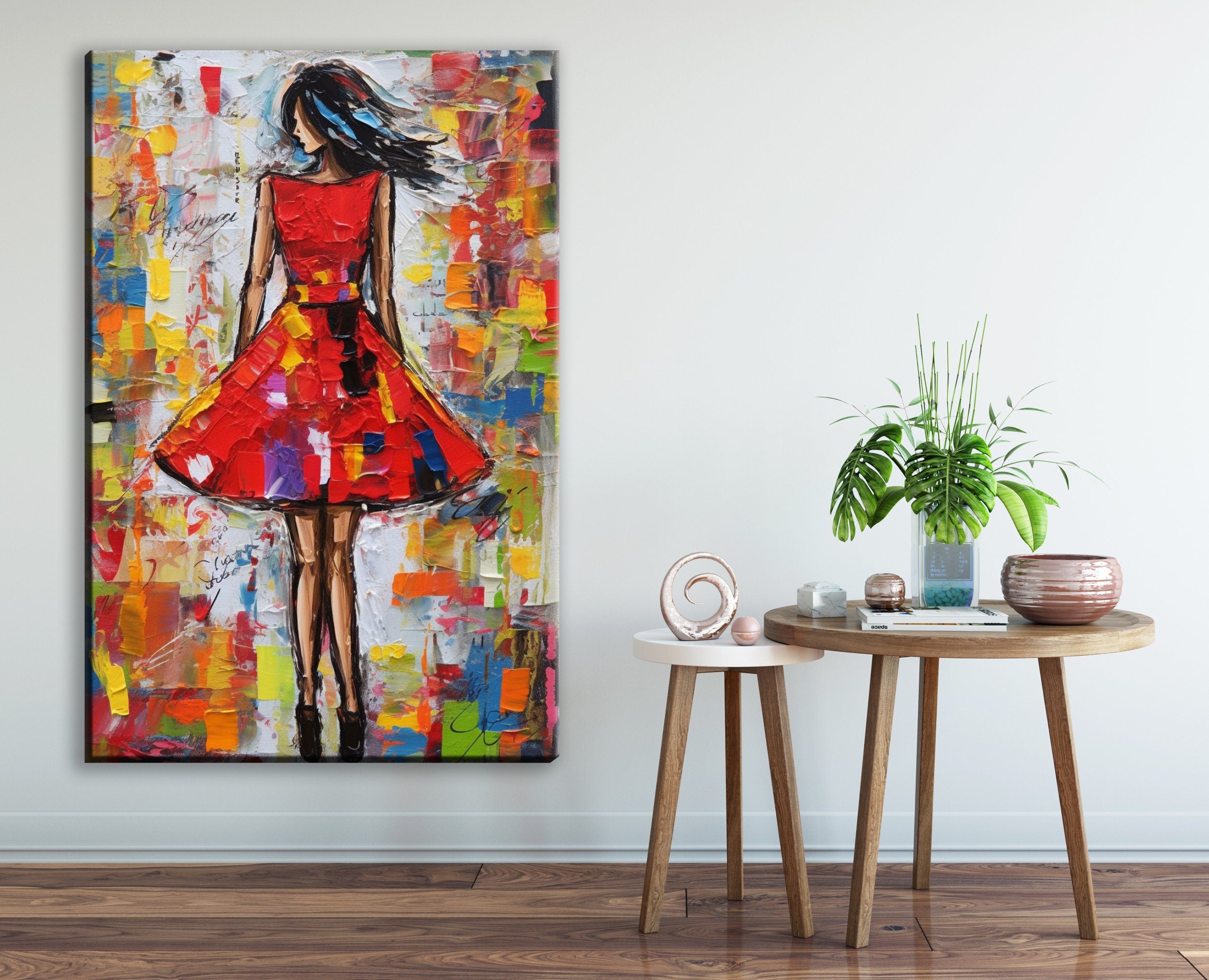 Red Dress Wall Art – Elegant Feminine Canvas Print with Impasto Painting