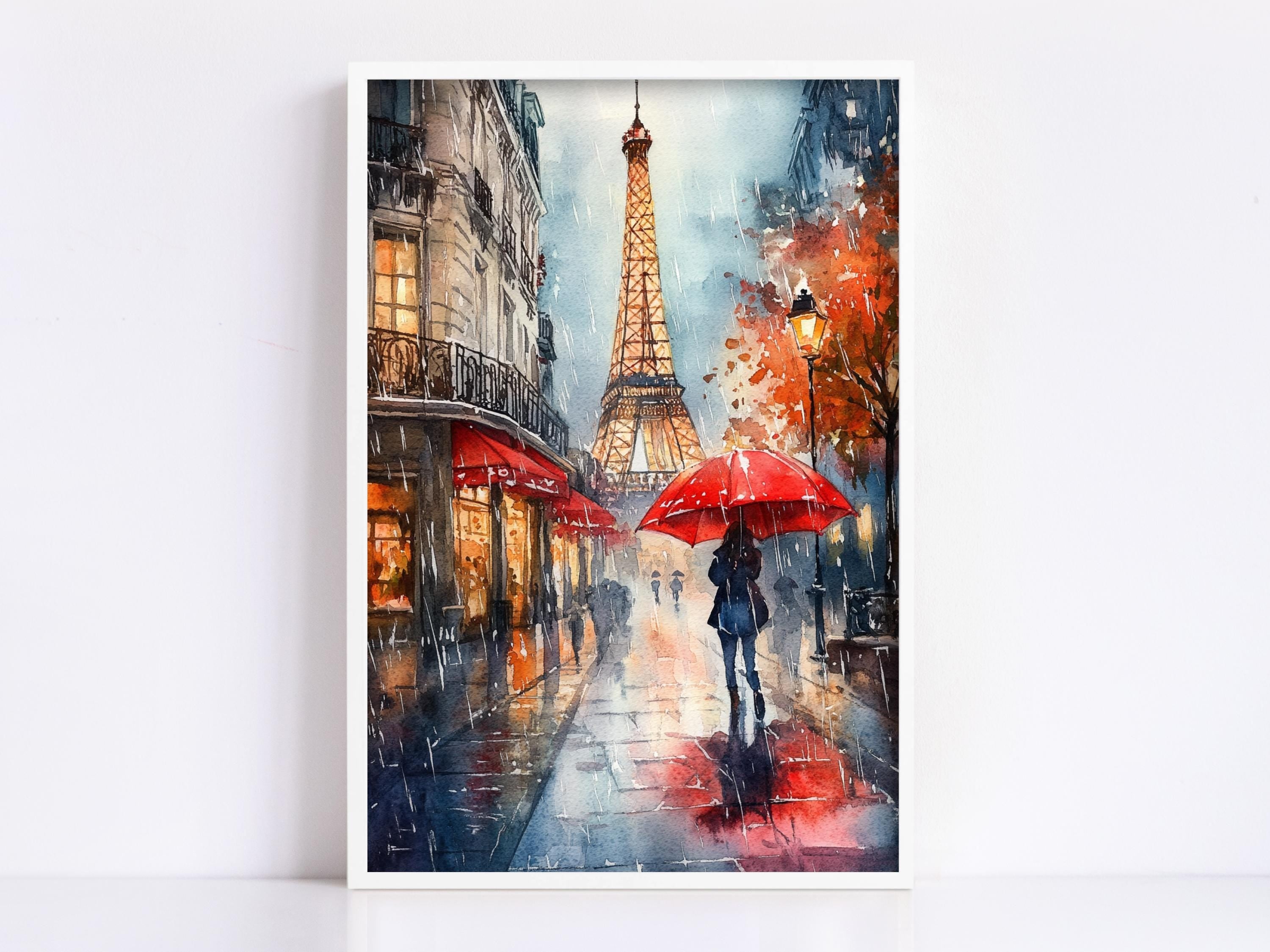 A watercolor painting depicting a rainy scene in Paris, with the Eiffel Tower in the background and a person walking with a red umbrella on the street.