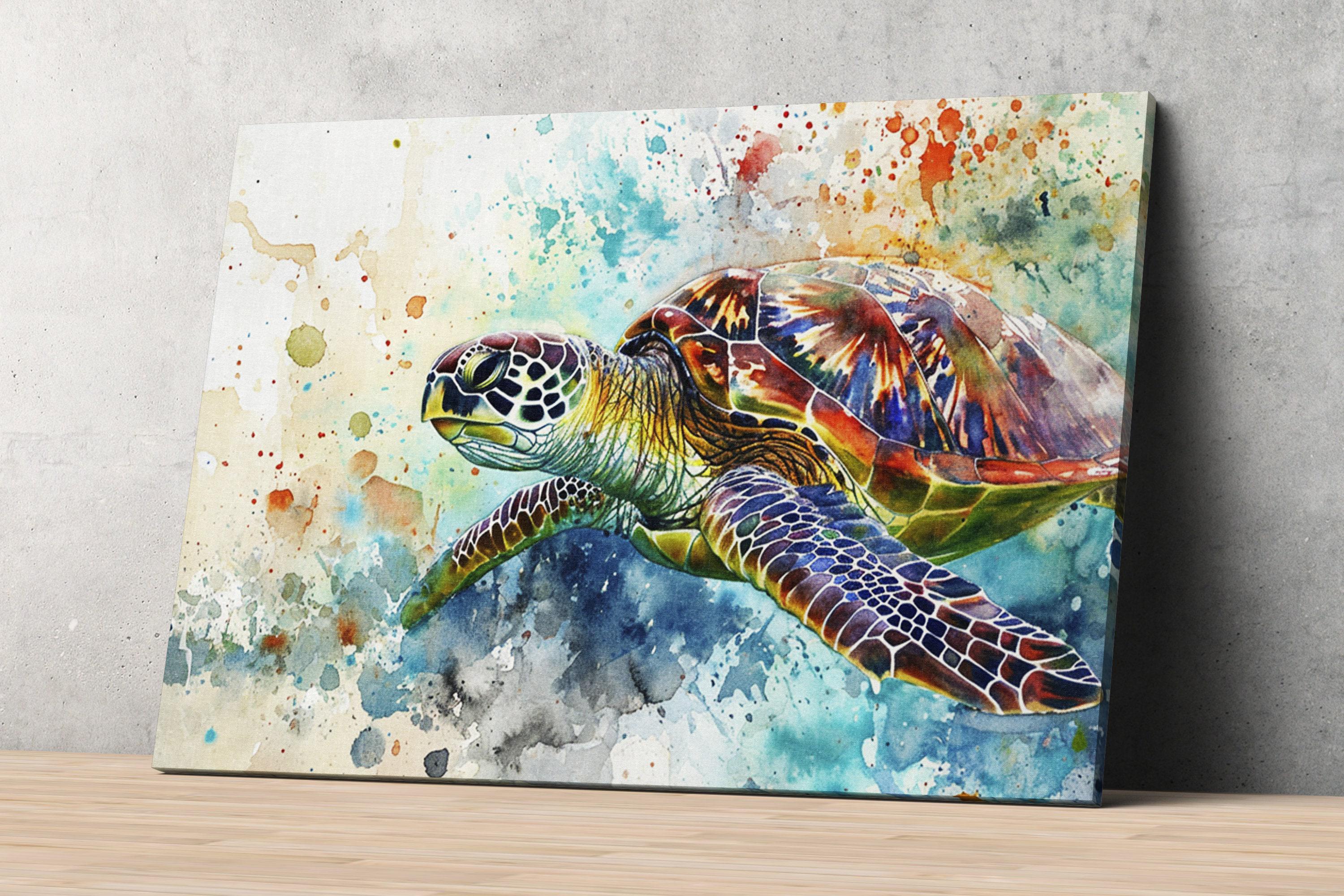 A vibrant painting of a colorful sea turtle swimming in the ocean, with splashes of blue, green, and orange colors creating a lively and dynamic scene.